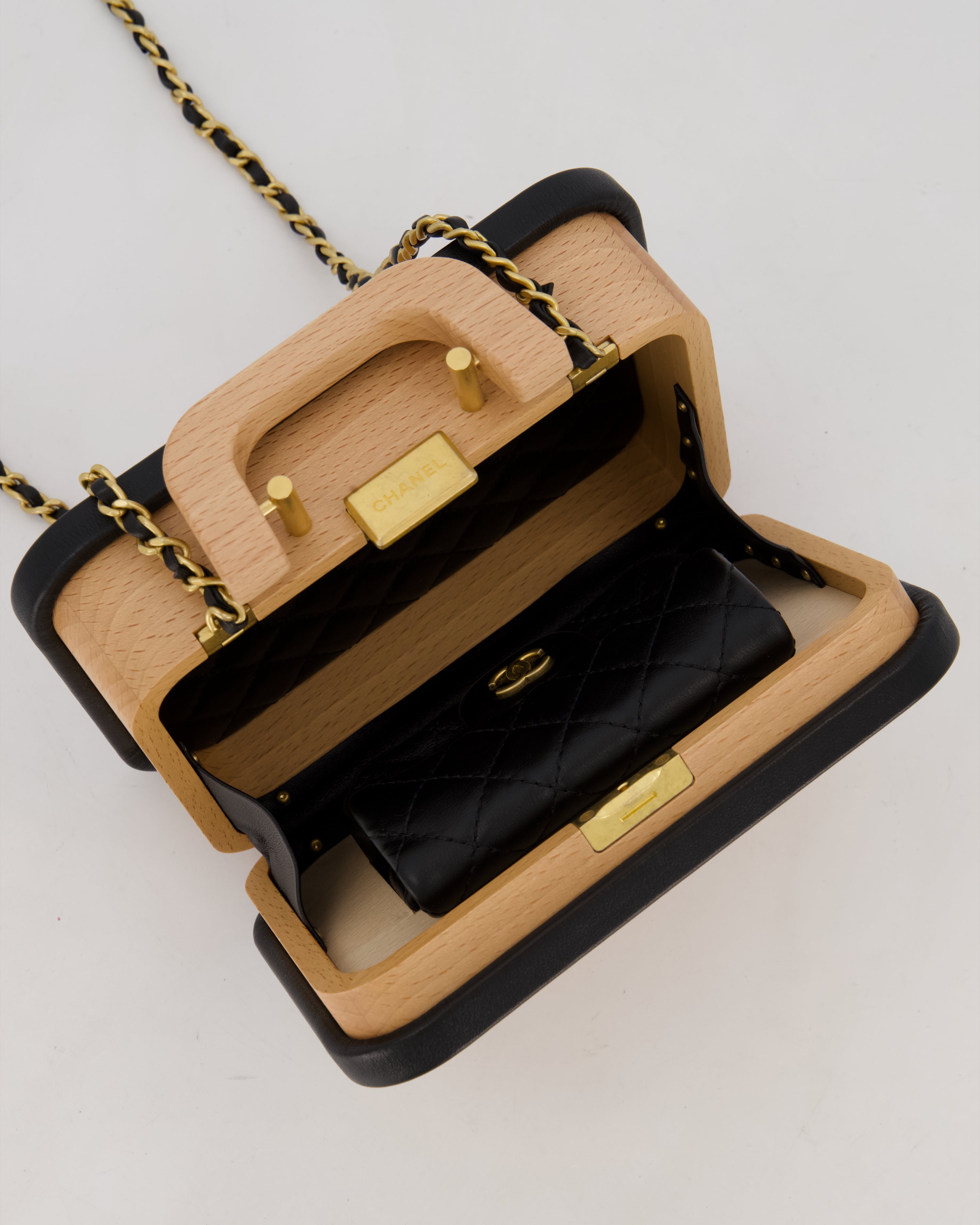 *VERY RARE* Chanel Brown Wooden Vanity Case Bag with Black CC Leather Chain Logo