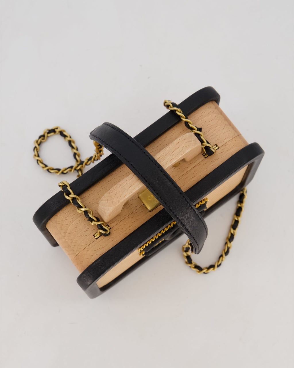 *VERY RARE* Chanel Brown Wooden Vanity Case Bag with Black CC Leather Chain Logo