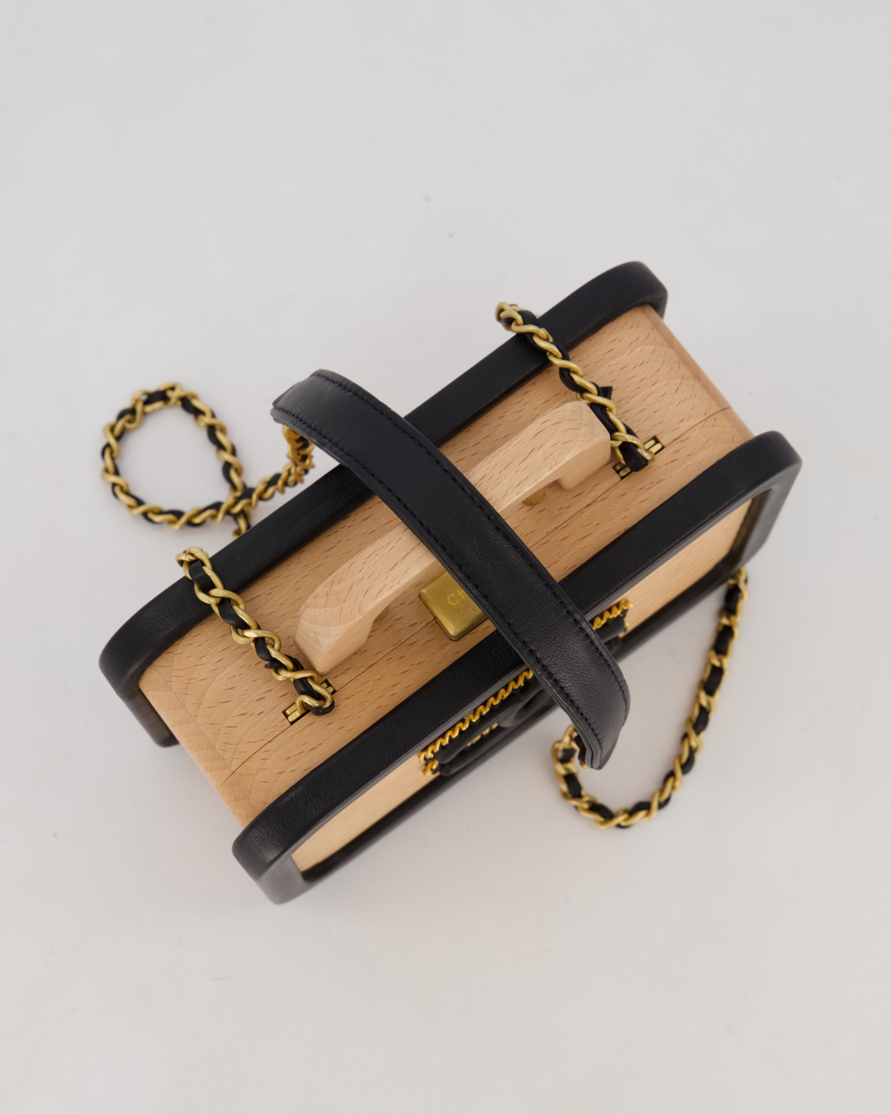 *VERY RARE* Chanel Brown Wooden Vanity Case Bag with Black CC Leather Chain Logo