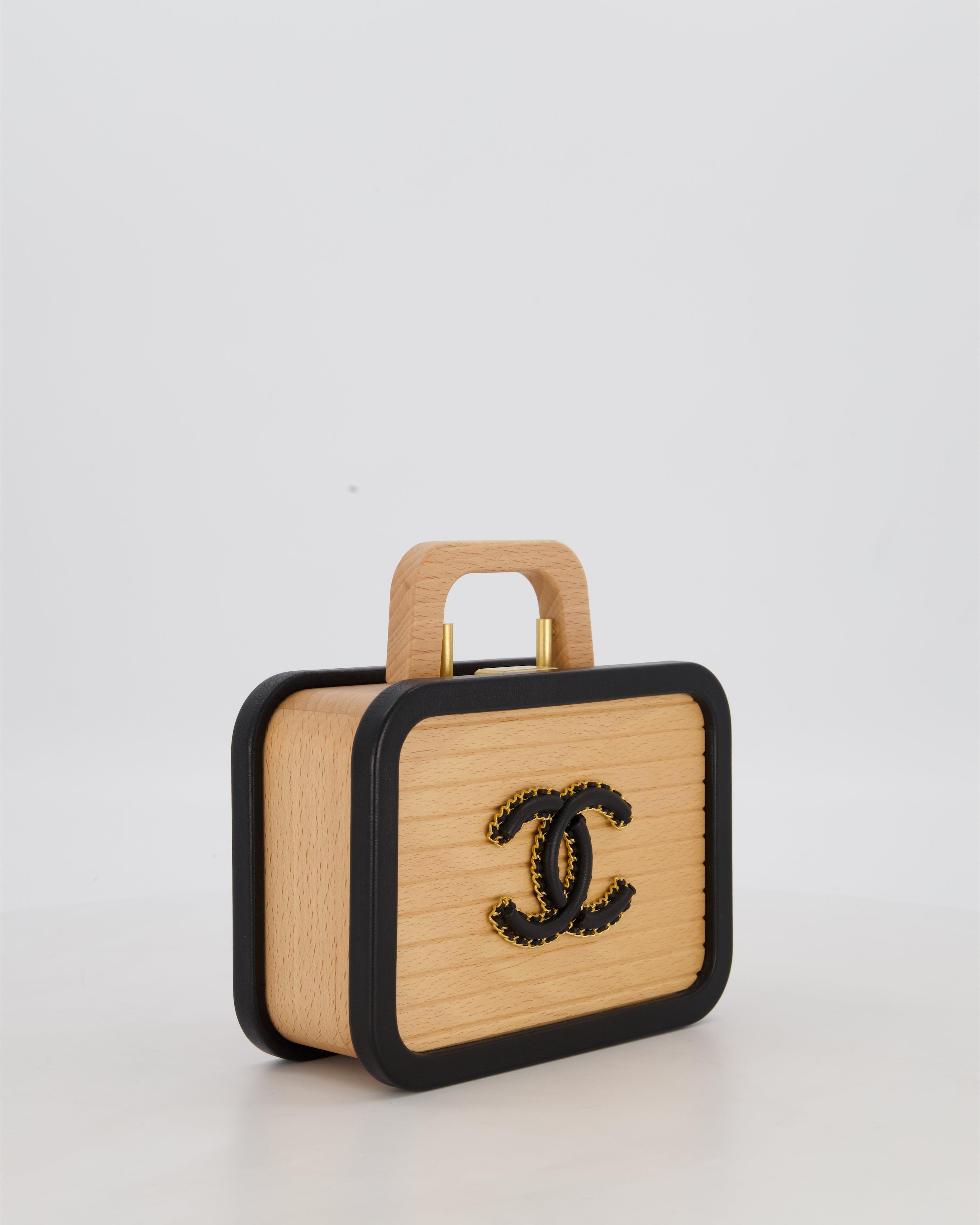 *VERY RARE* Chanel Brown Wooden Vanity Case Bag with Black CC Leather Chain Logo