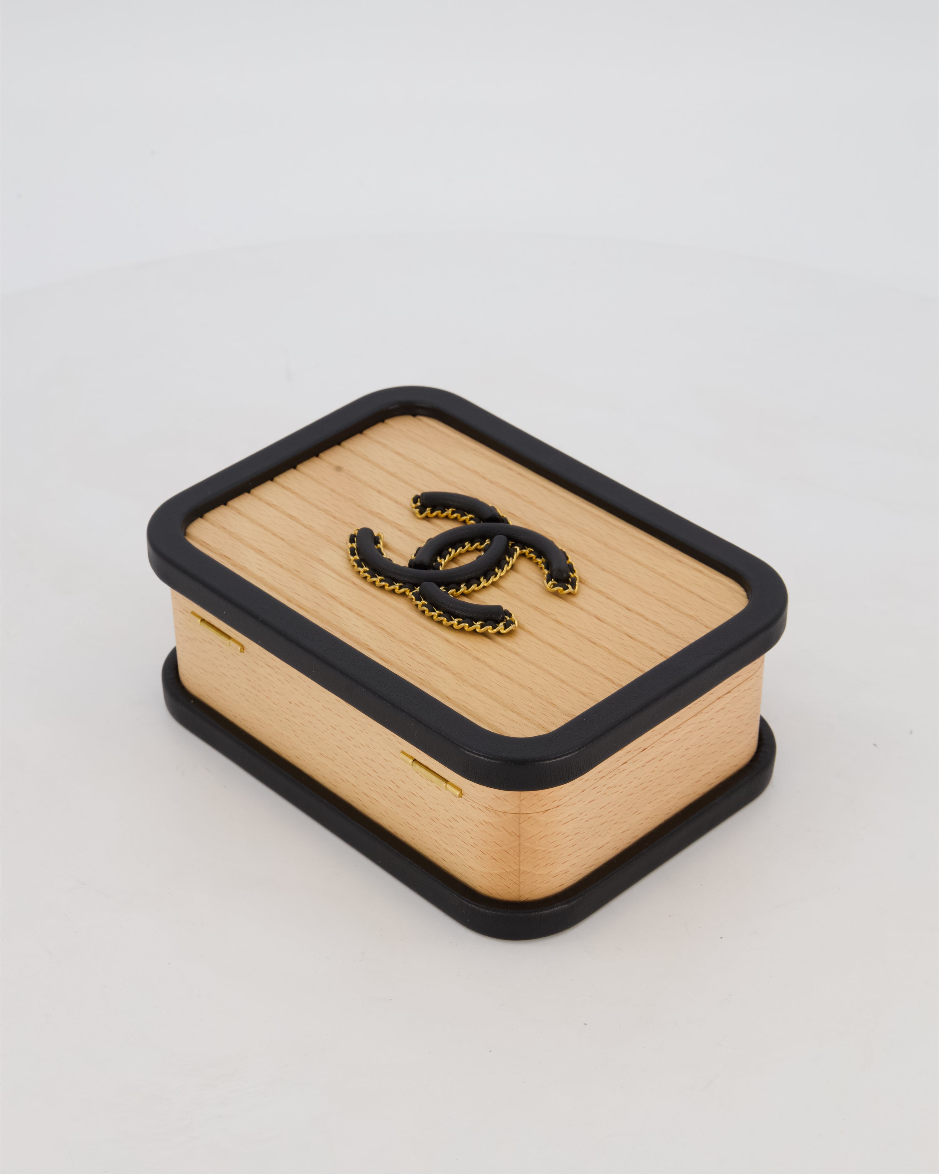 *VERY RARE* Chanel Brown Wooden Vanity Case Bag with Black CC Leather Chain Logo