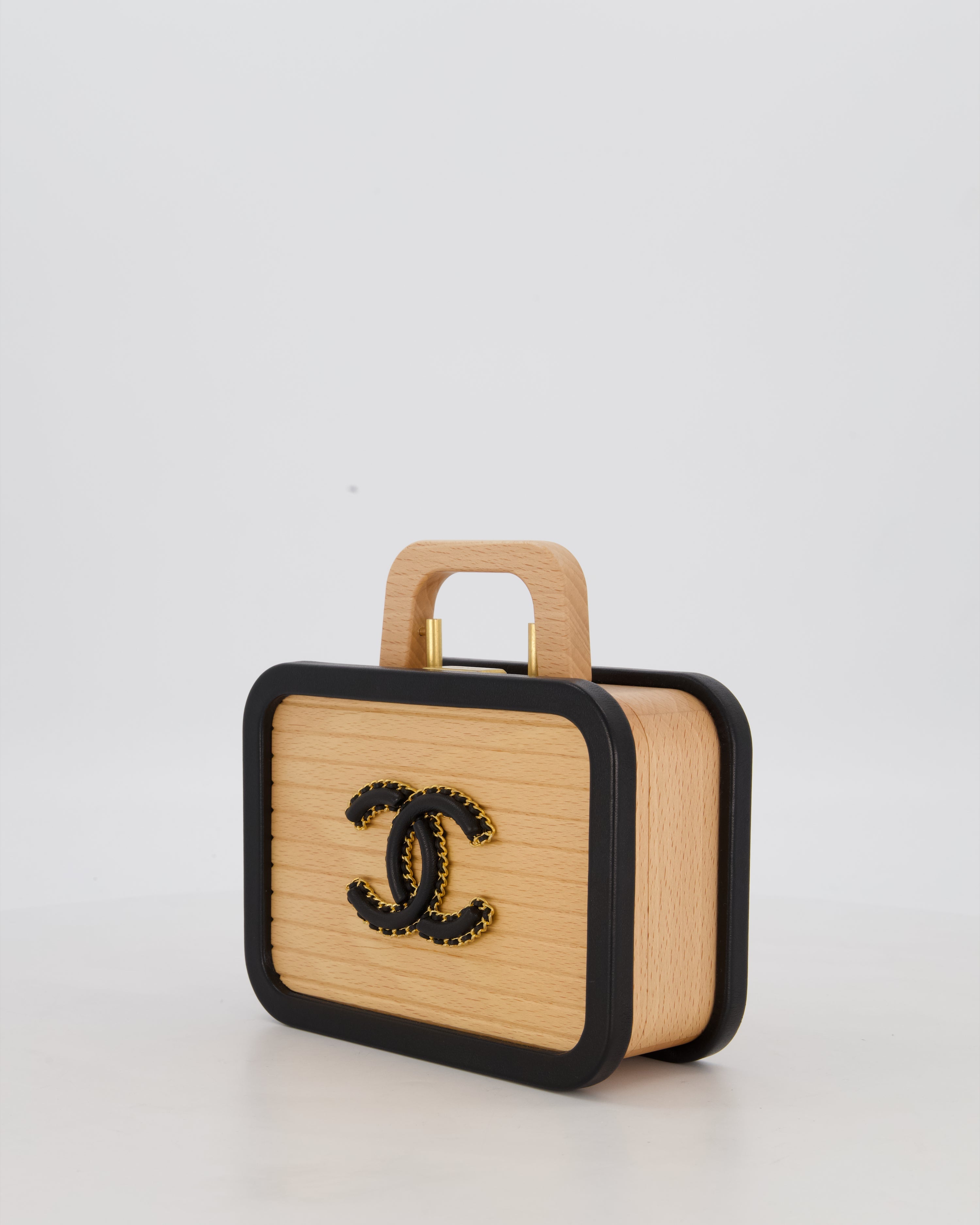 *VERY RARE* Chanel Brown Wooden Vanity Case Bag with Black CC Leather Chain Logo