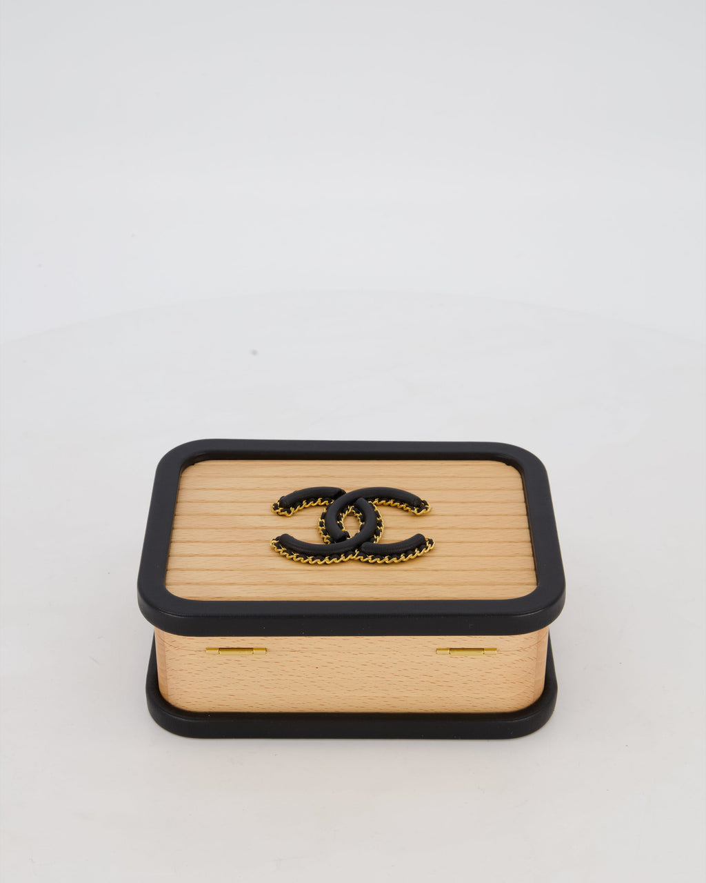 *VERY RARE* Chanel Brown Wooden Vanity Case Bag with Black CC Leather Chain Logo
