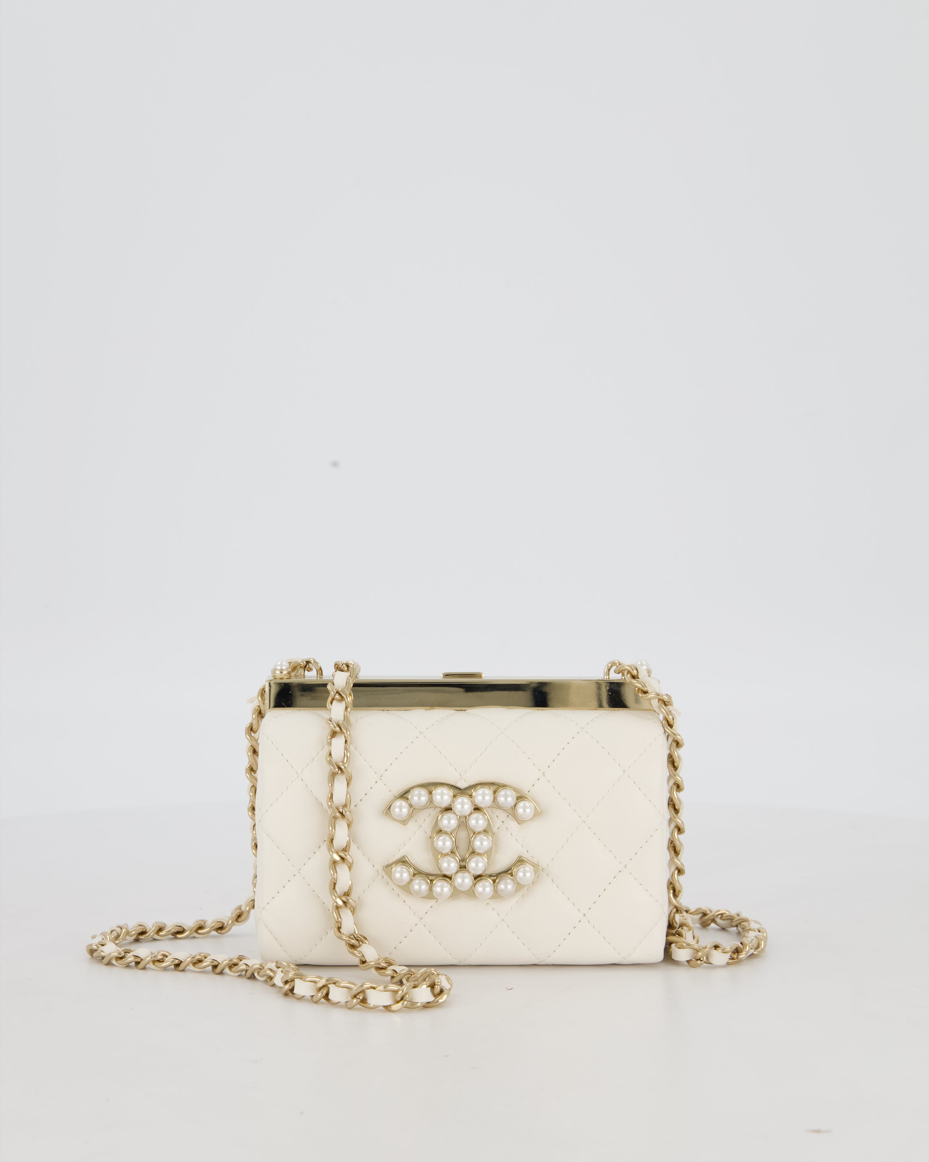 *HOT* Chanel White 2023 Métiers d'art Quilted Micro Bag in Lambskin Leather with Champagne Gold Hardware & Pearl CC Details