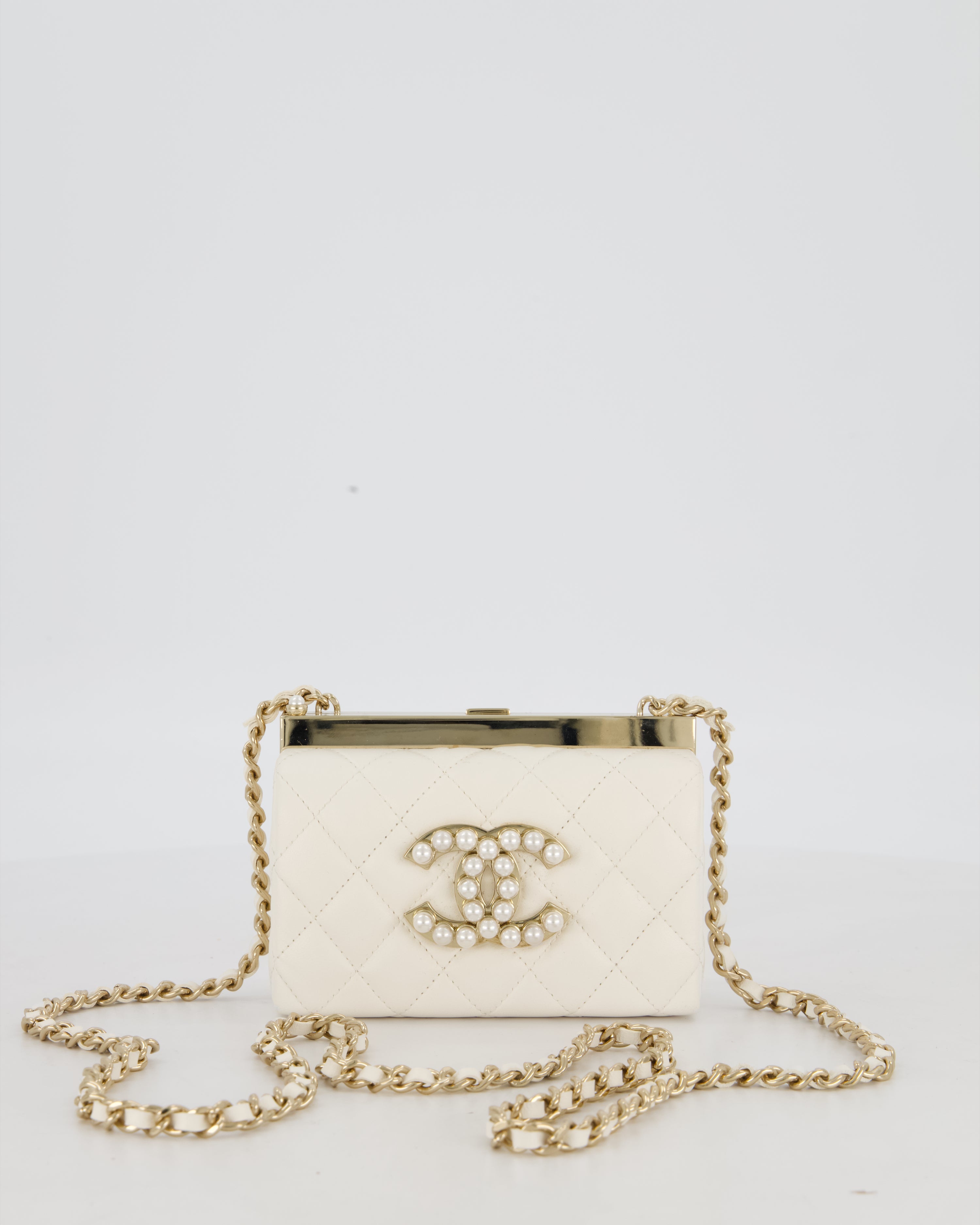 *HOT* Chanel White 2023 Métiers d'art Quilted Micro Bag in Lambskin Leather with Champagne Gold Hardware & Pearl CC Details