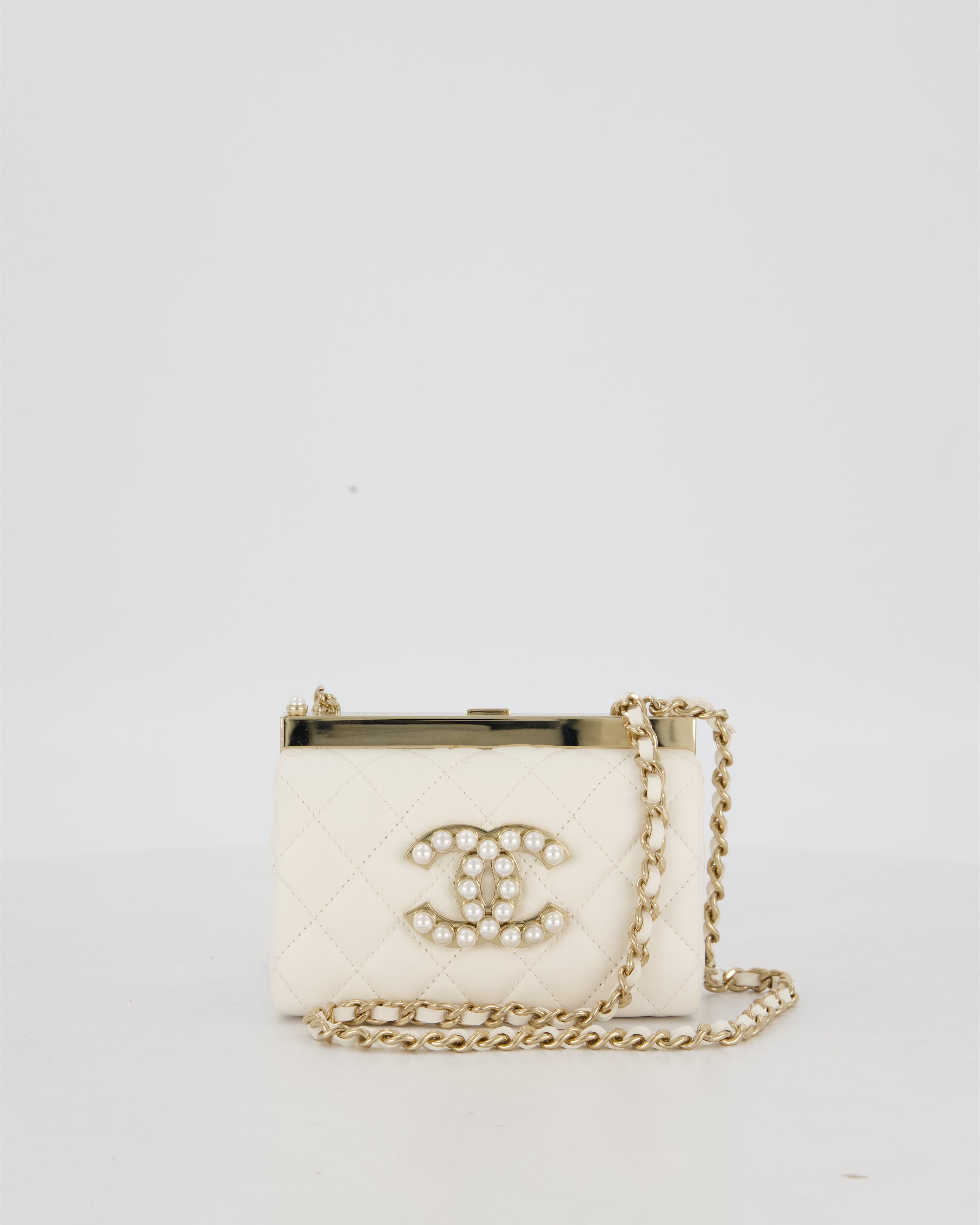 *HOT* Chanel White 2023 Métiers d'art Quilted Micro Bag in Lambskin Leather with Champagne Gold Hardware & Pearl CC Details