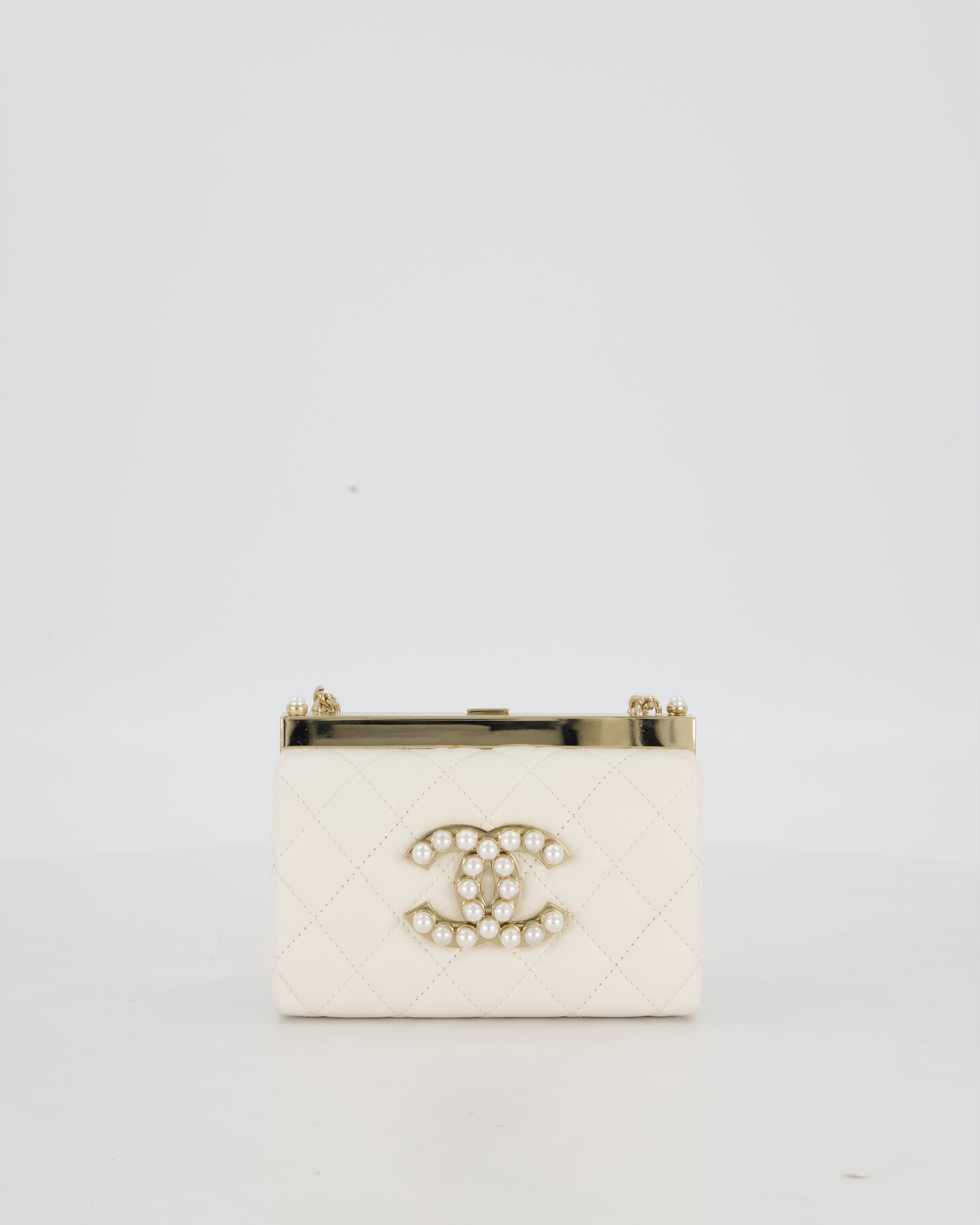 *HOT* Chanel White 2023 Métiers d'art Quilted Micro Bag in Lambskin Leather with Champagne Gold Hardware & Pearl CC Details
