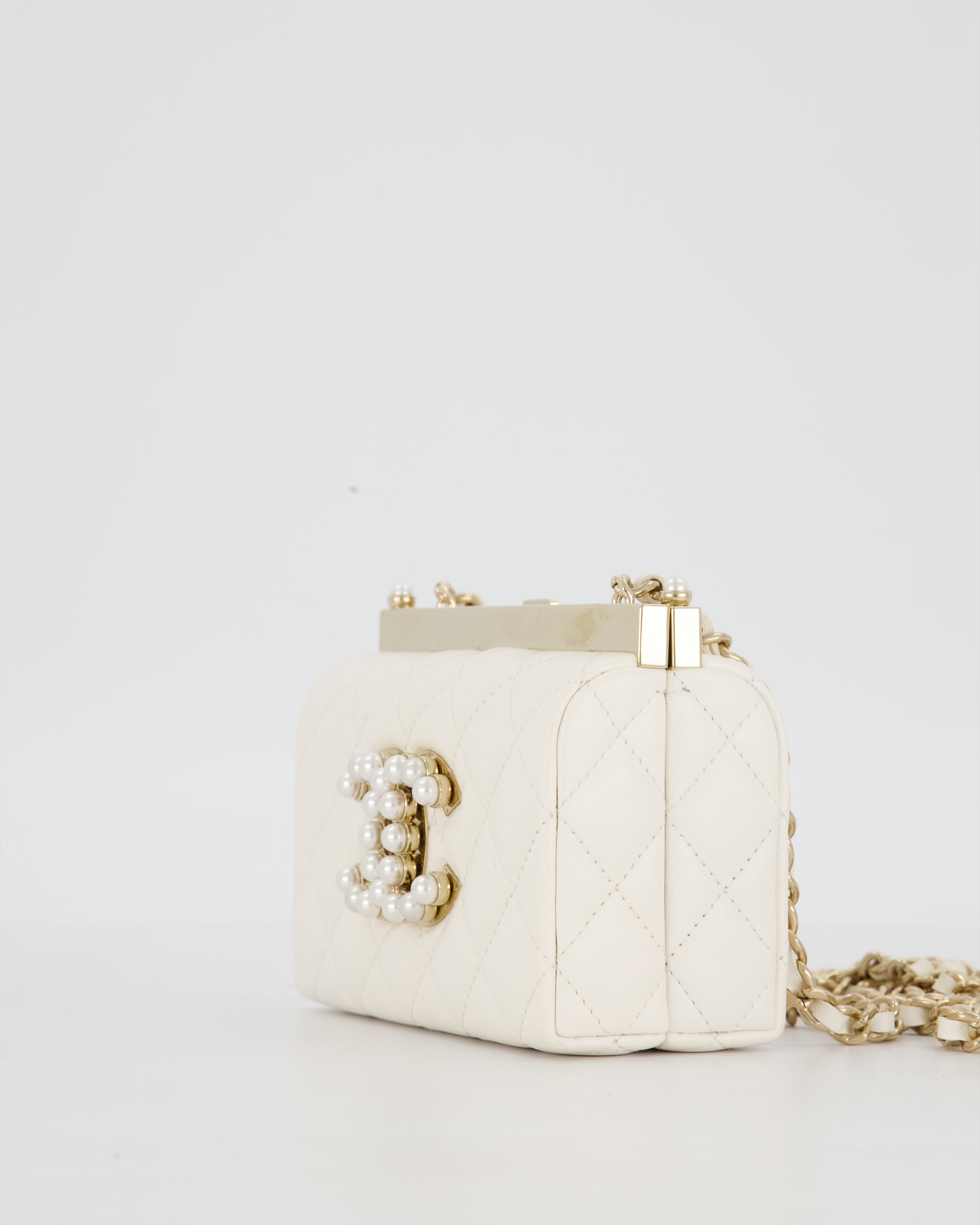 *HOT* Chanel White 2023 Métiers d'art Quilted Micro Bag in Lambskin Leather with Champagne Gold Hardware & Pearl CC Details
