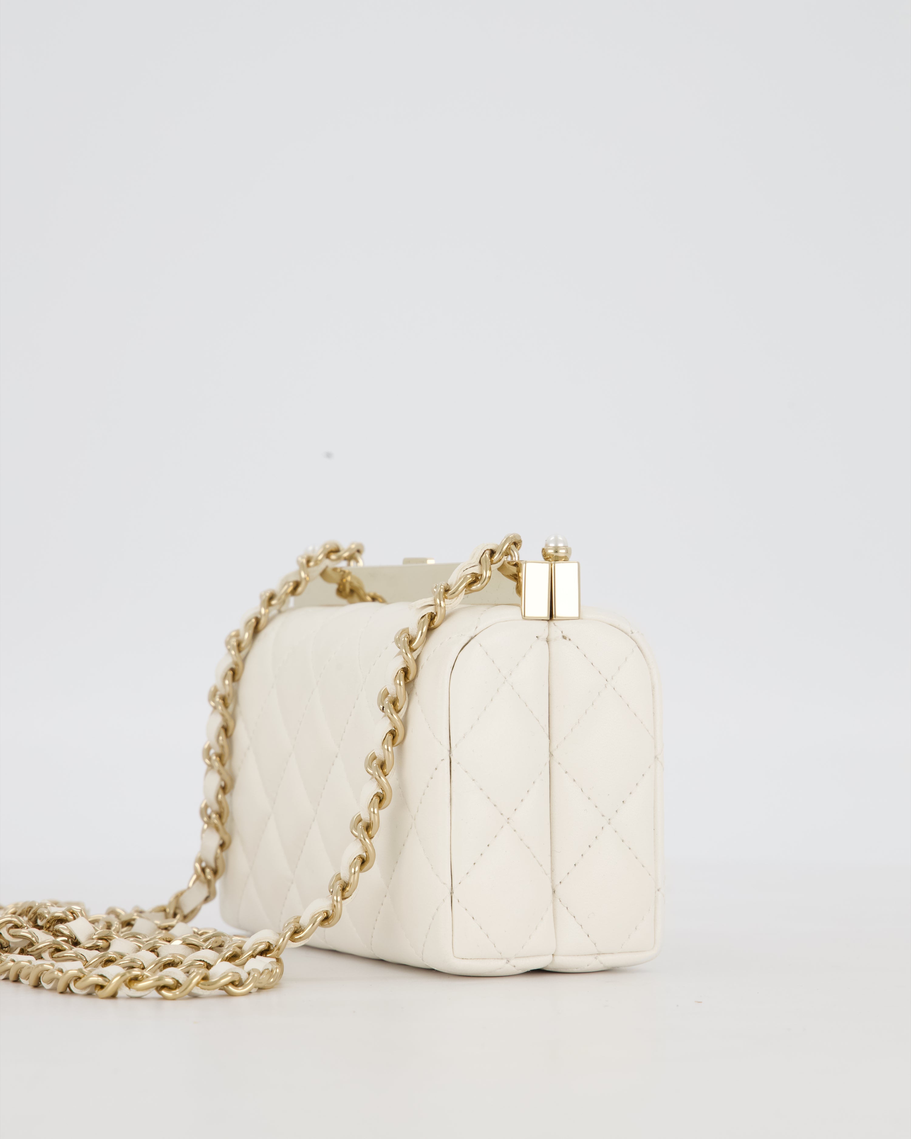 *HOT* Chanel White 2023 Métiers d'art Quilted Micro Bag in Lambskin Leather with Champagne Gold Hardware & Pearl CC Details