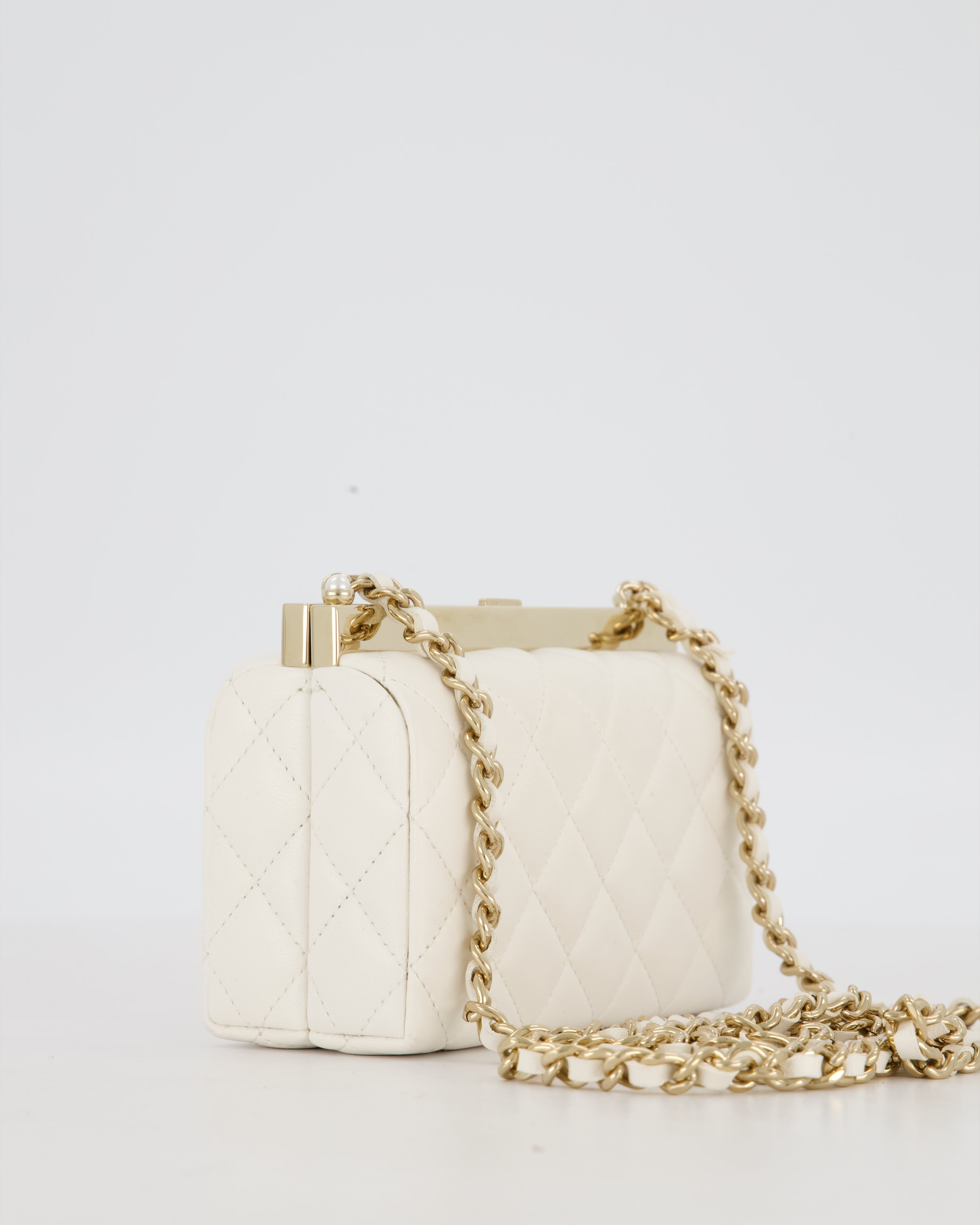 *HOT* Chanel White 2023 Métiers d'art Quilted Micro Bag in Lambskin Leather with Champagne Gold Hardware & Pearl CC Details