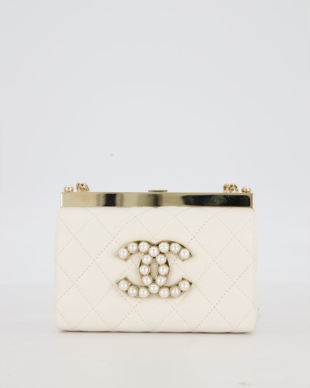 *HOT* Chanel White 2023 Métiers d'art Quilted Micro Bag in Lambskin Leather with Champagne Gold Hardware & Pearl CC Details