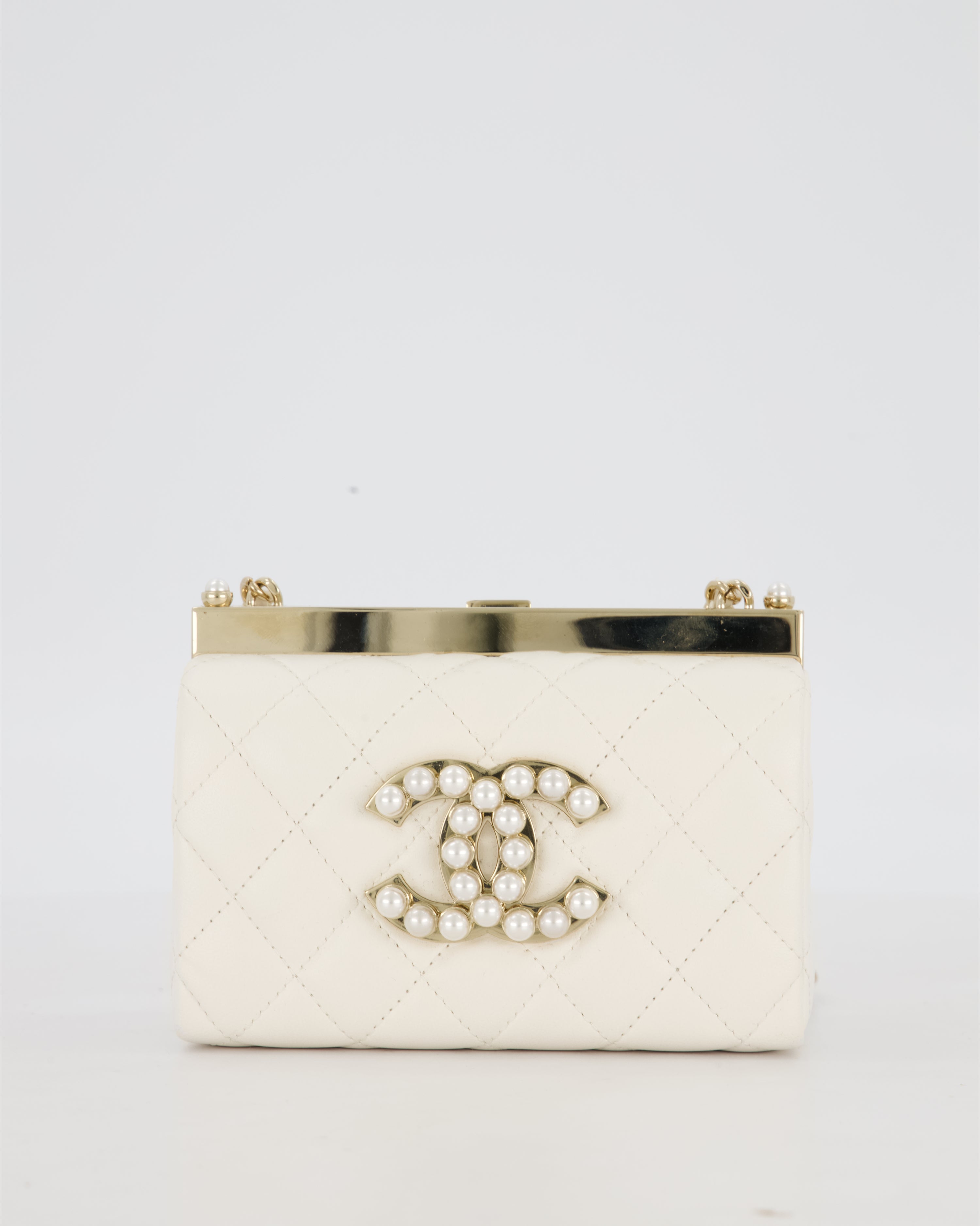 *HOT* Chanel White 2023 Métiers d'art Quilted Micro Bag in Lambskin Leather with Champagne Gold Hardware & Pearl CC Details