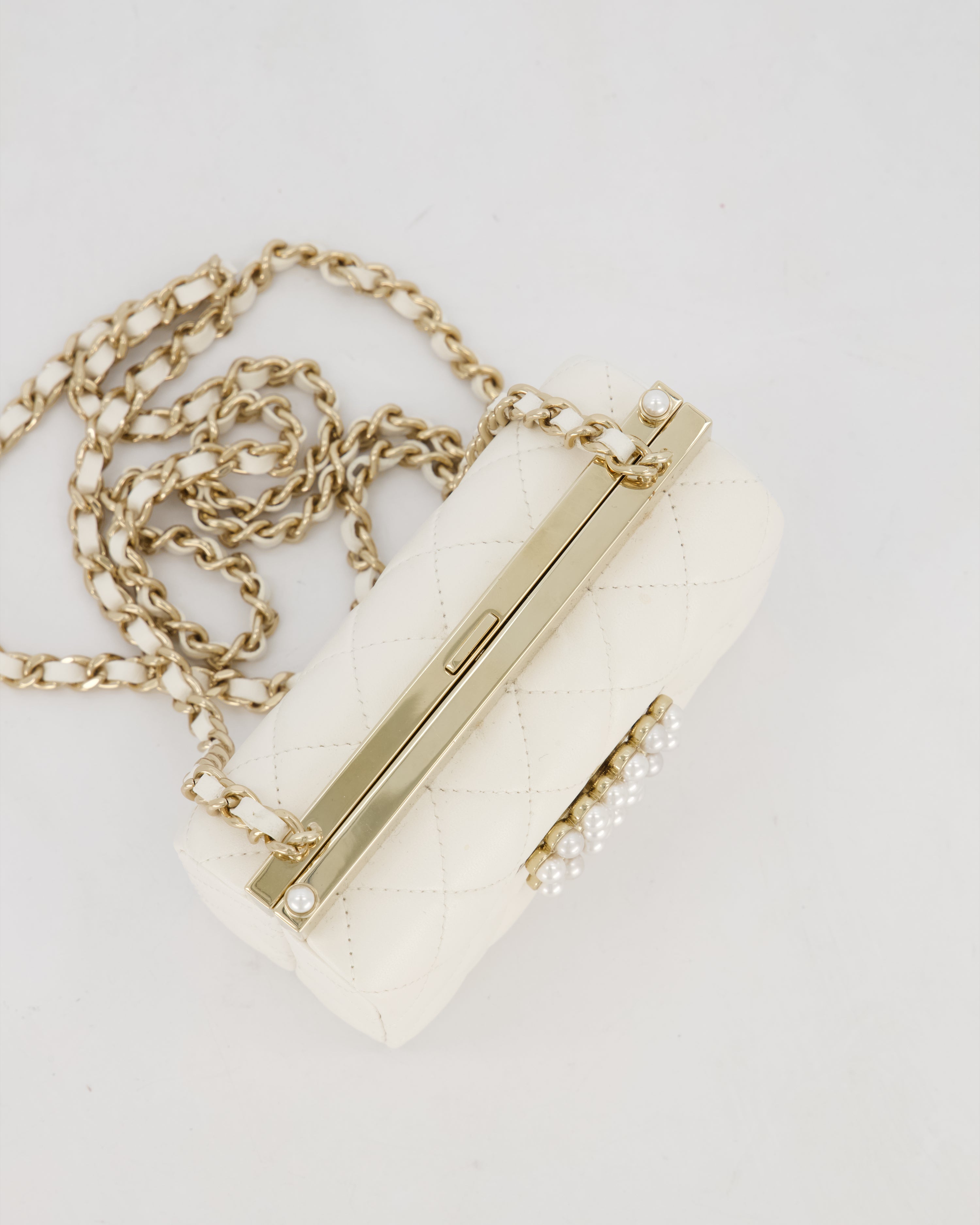 *HOT* Chanel White 2023 Métiers d'art Quilted Micro Bag in Lambskin Leather with Champagne Gold Hardware & Pearl CC Details