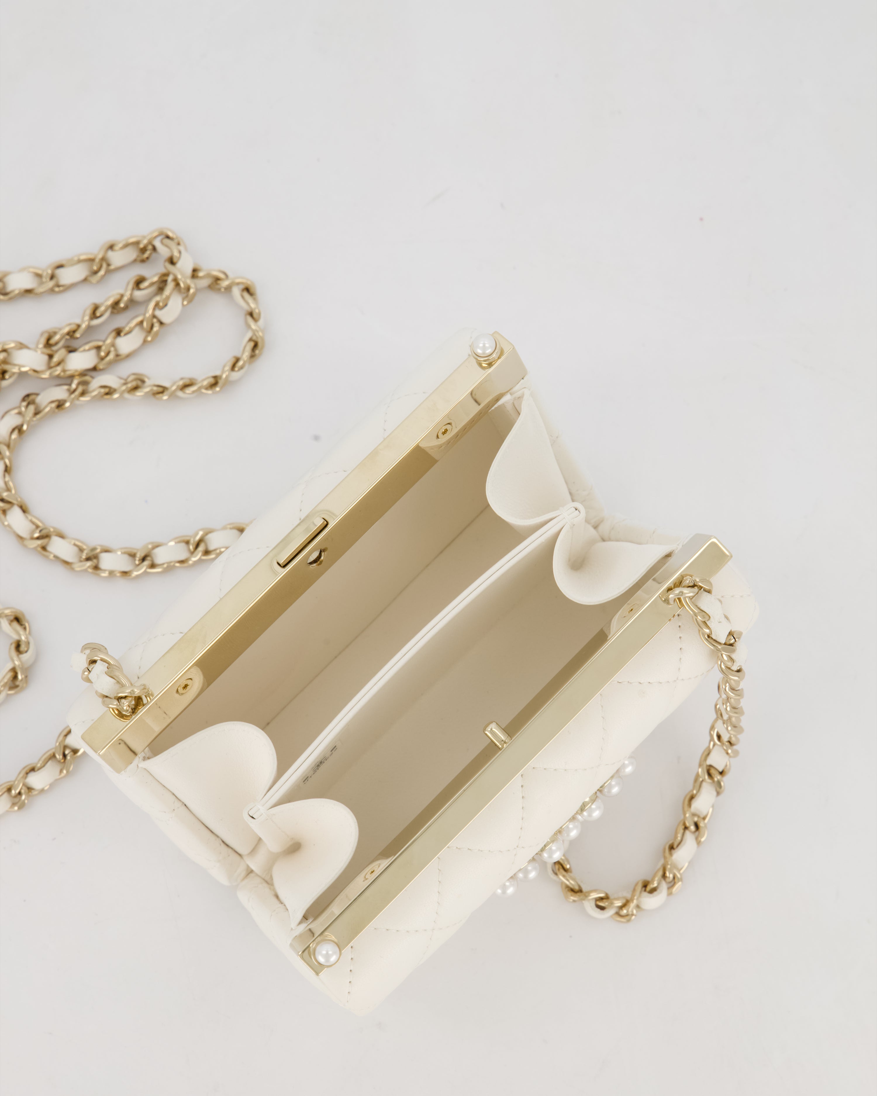 *HOT* Chanel White 2023 Métiers d'art Quilted Micro Bag in Lambskin Leather with Champagne Gold Hardware & Pearl CC Details