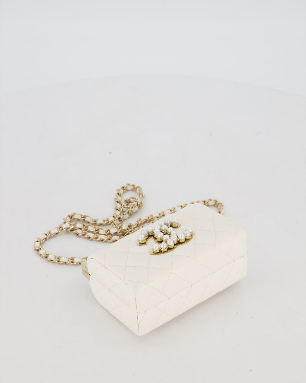 *HOT* Chanel White 2023 Métiers d'art Quilted Micro Bag in Lambskin Leather with Champagne Gold Hardware & Pearl CC Details