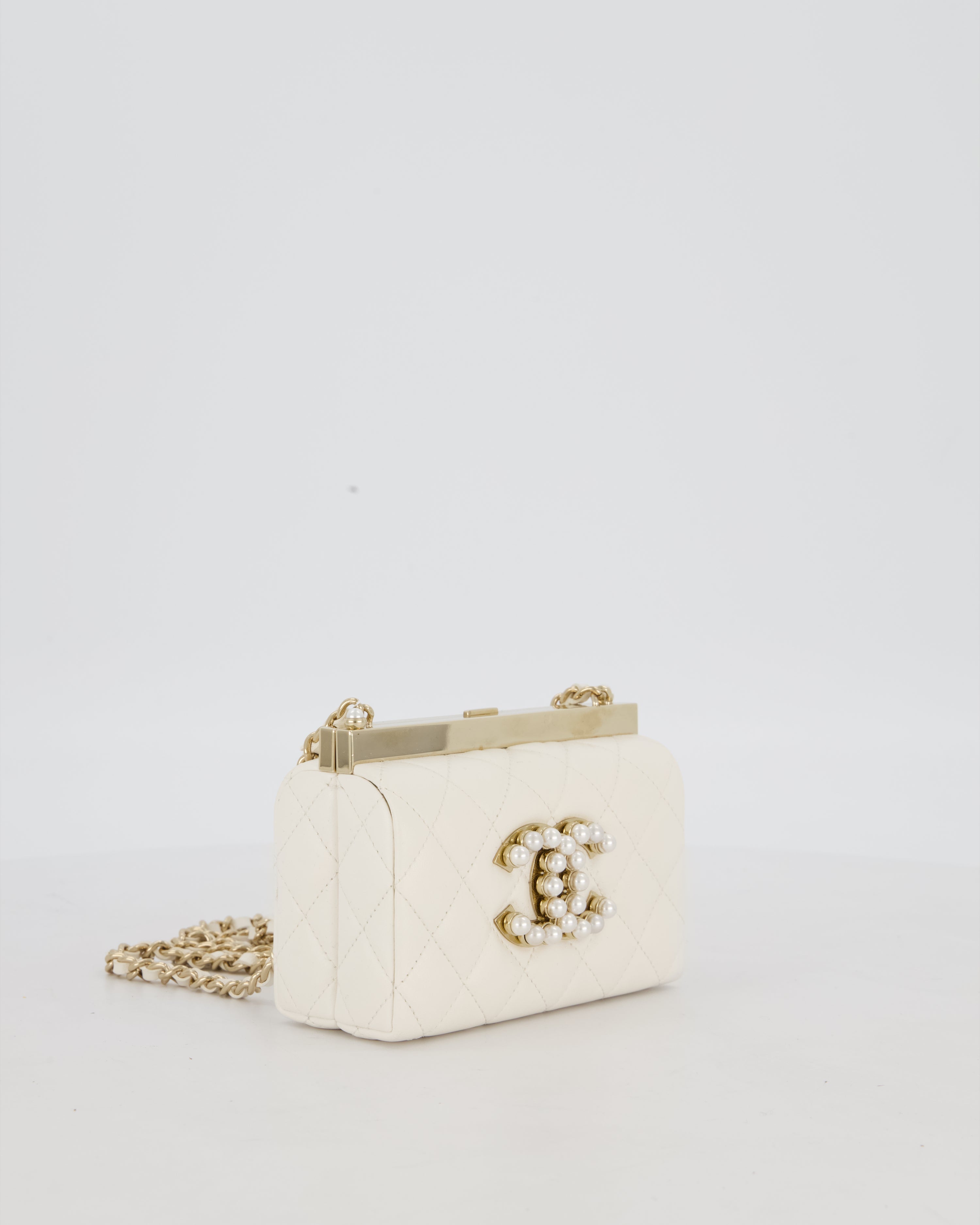 *HOT* Chanel White 2023 Métiers d'art Quilted Micro Bag in Lambskin Leather with Champagne Gold Hardware & Pearl CC Details