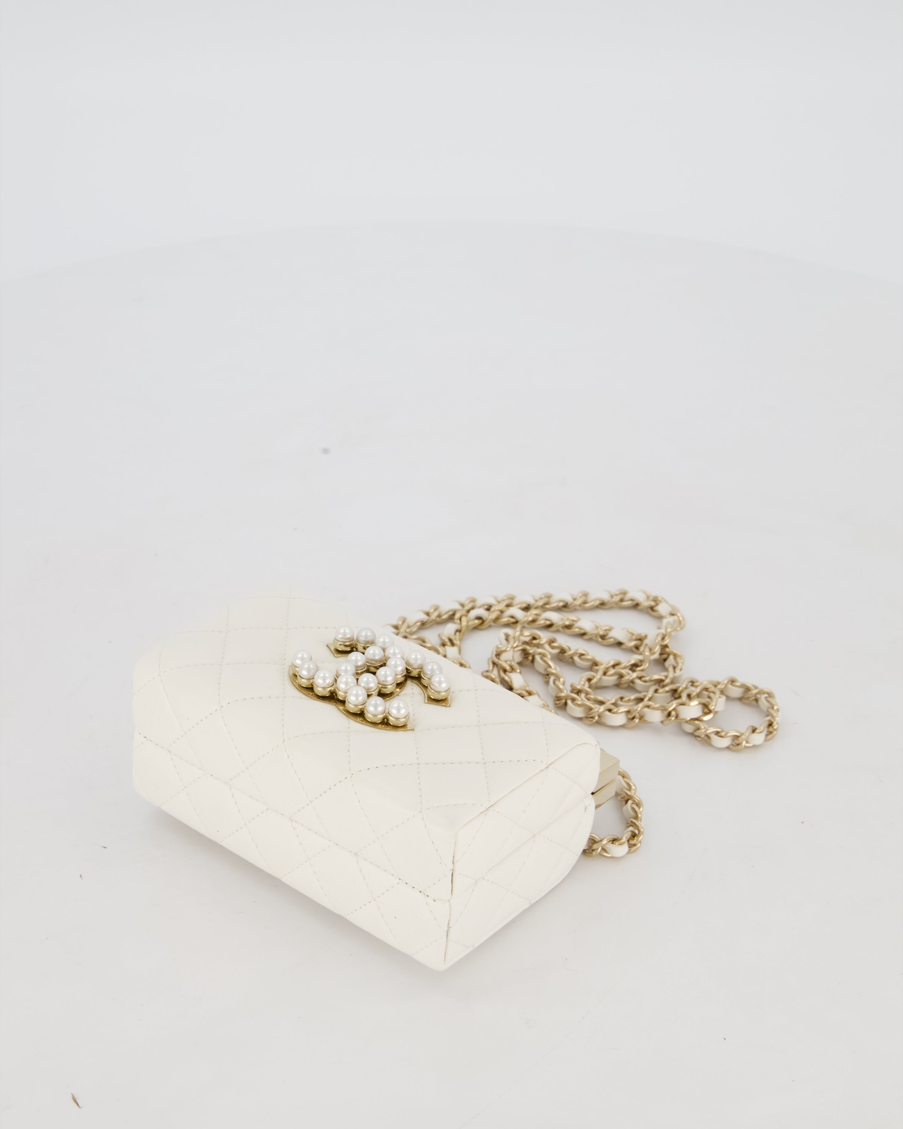 *HOT* Chanel White 2023 Métiers d'art Quilted Micro Bag in Lambskin Leather with Champagne Gold Hardware & Pearl CC Details