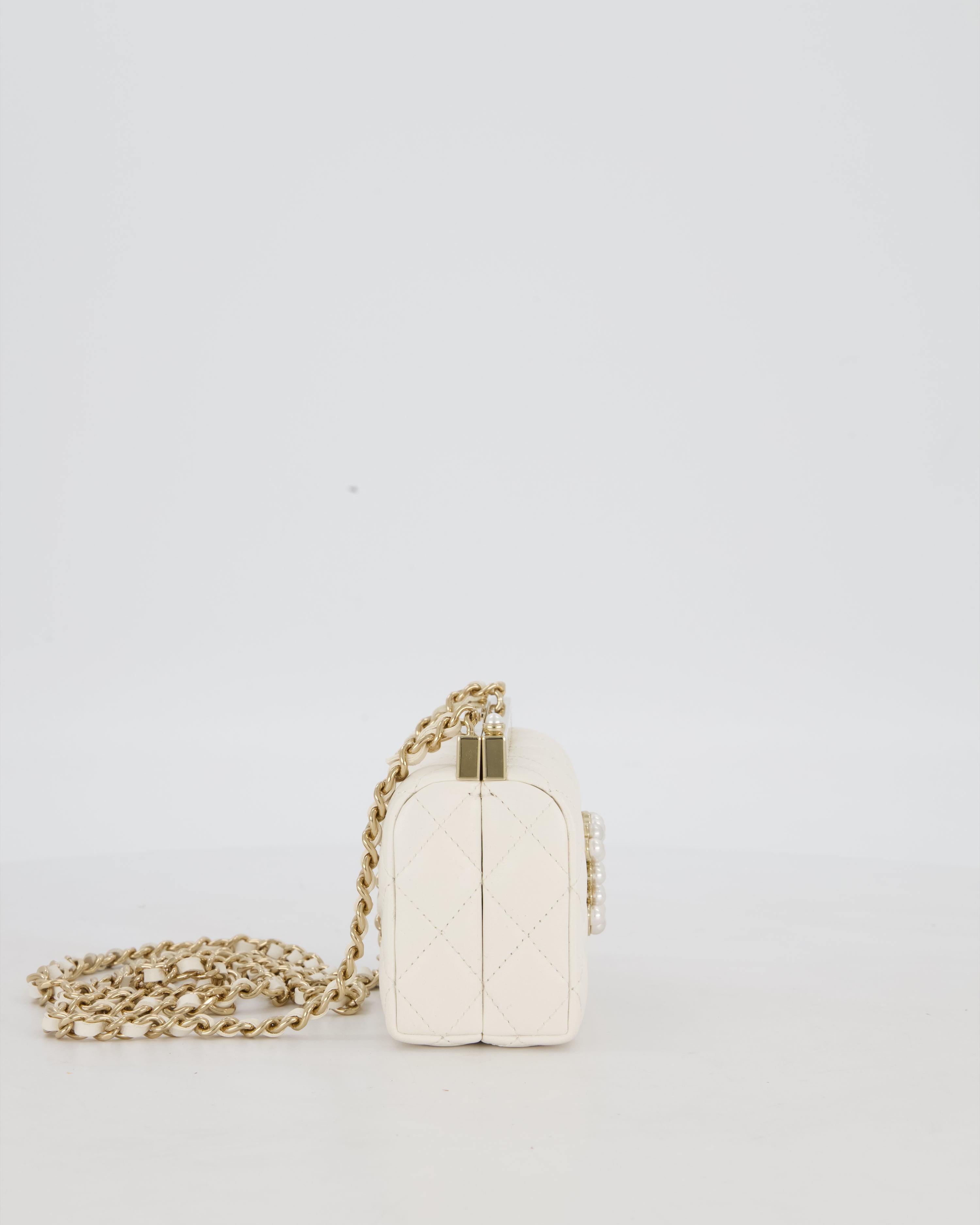 *HOT* Chanel White 2023 Métiers d'art Quilted Micro Bag in Lambskin Leather with Champagne Gold Hardware & Pearl CC Details