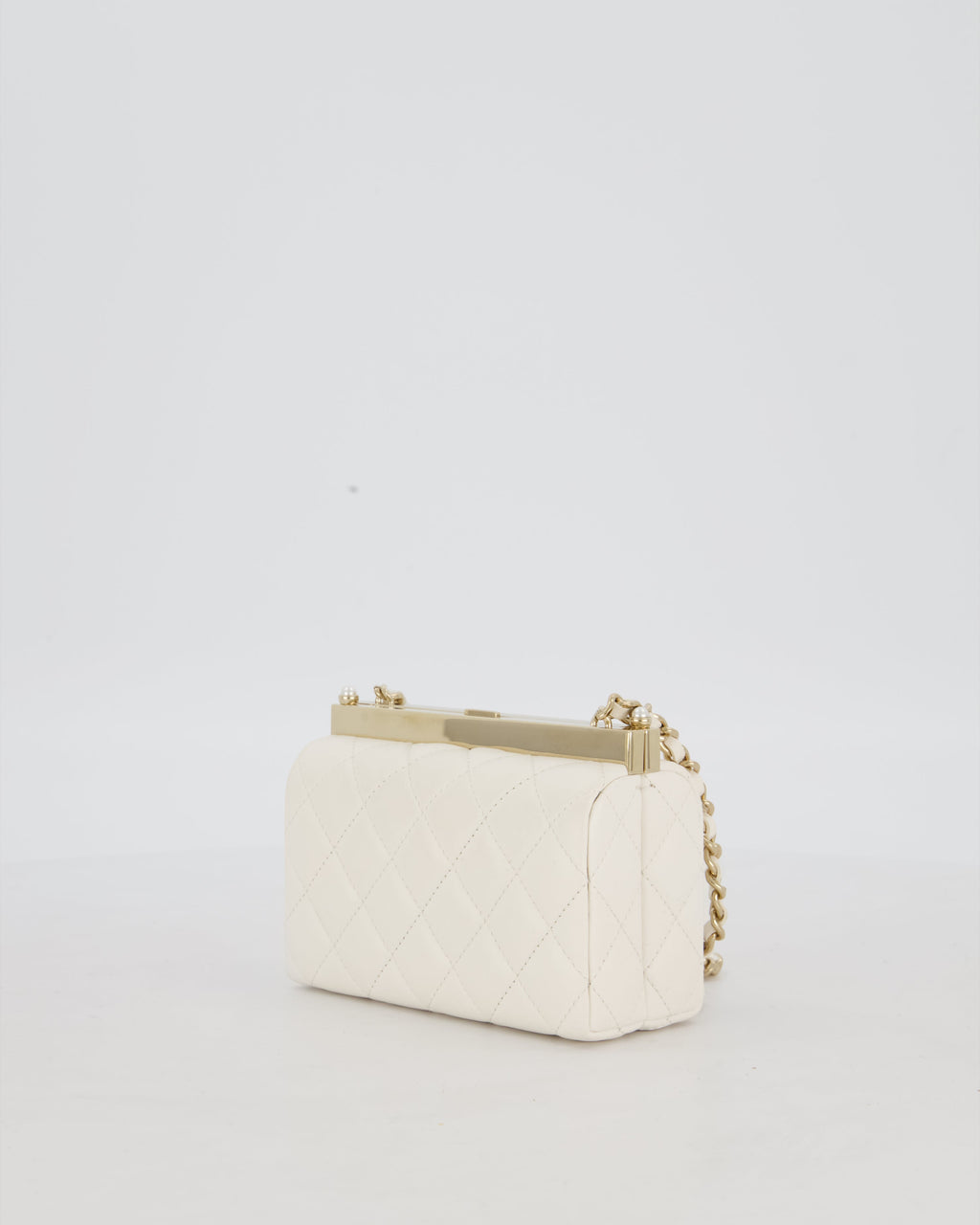 *HOT* Chanel White 2023 Métiers d'art Quilted Micro Bag in Lambskin Leather with Champagne Gold Hardware & Pearl CC Details