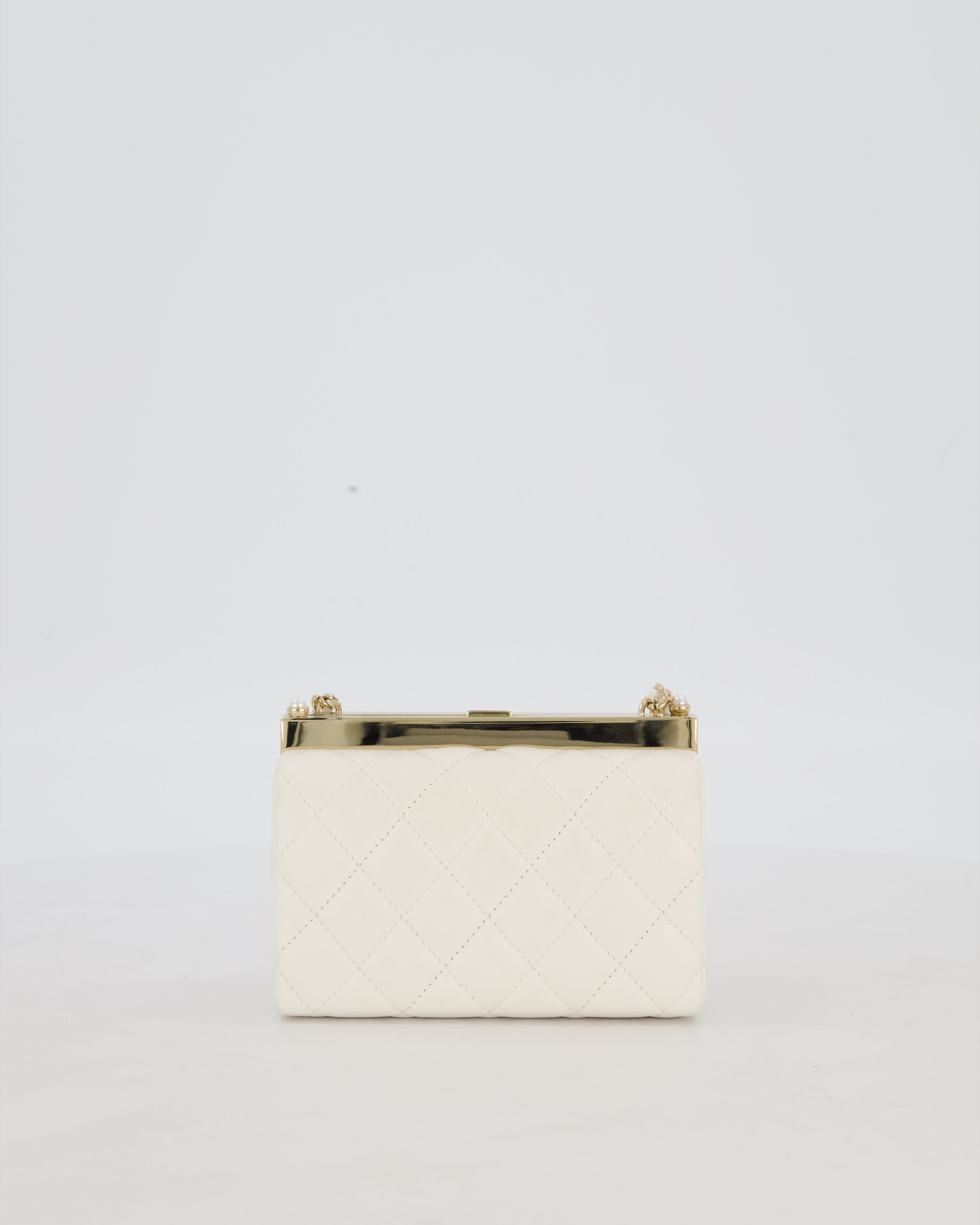 *HOT* Chanel White 2023 Métiers d'art Quilted Micro Bag in Lambskin Leather with Champagne Gold Hardware & Pearl CC Details