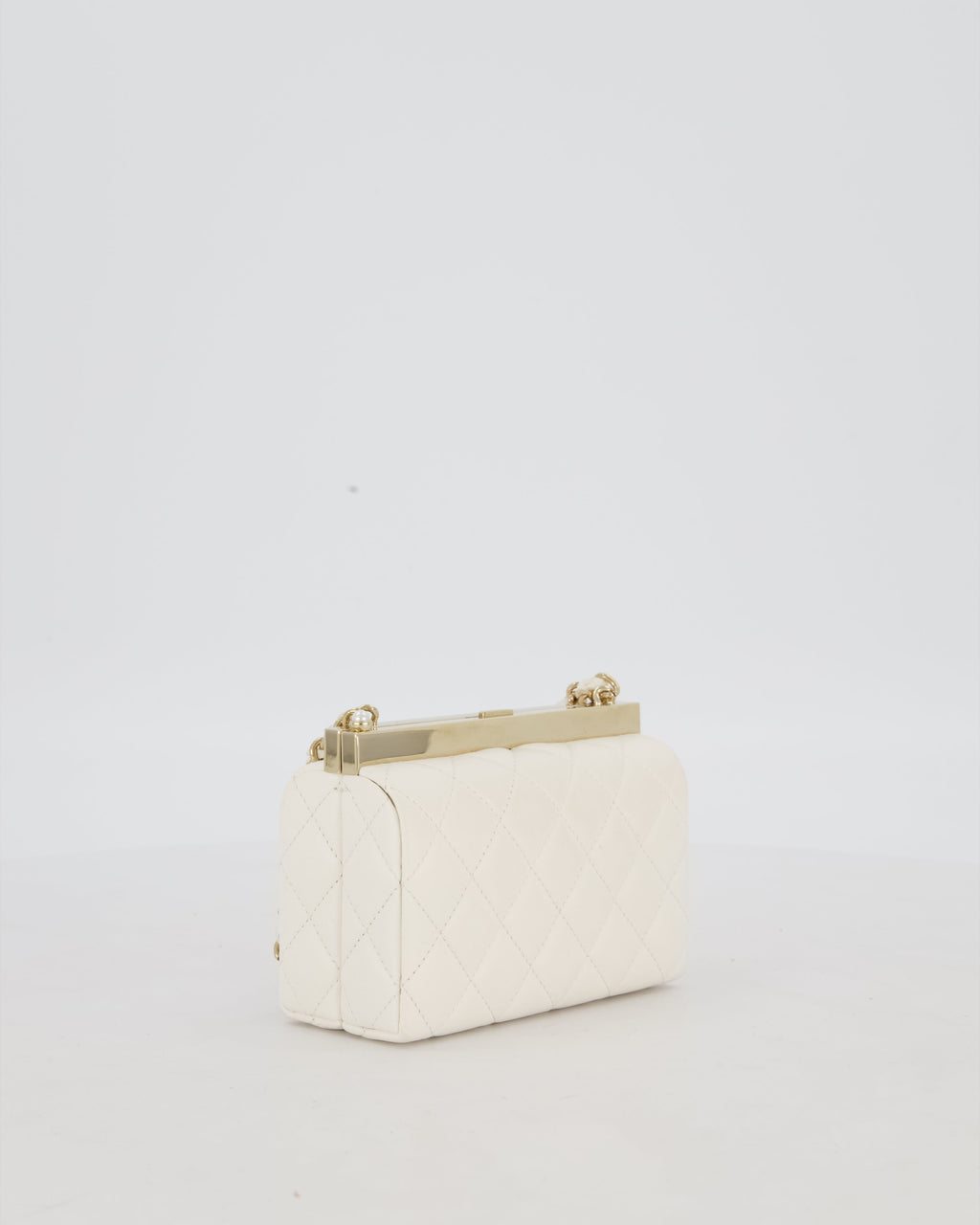 *HOT* Chanel White 2023 Métiers d'art Quilted Micro Bag in Lambskin Leather with Champagne Gold Hardware & Pearl CC Details