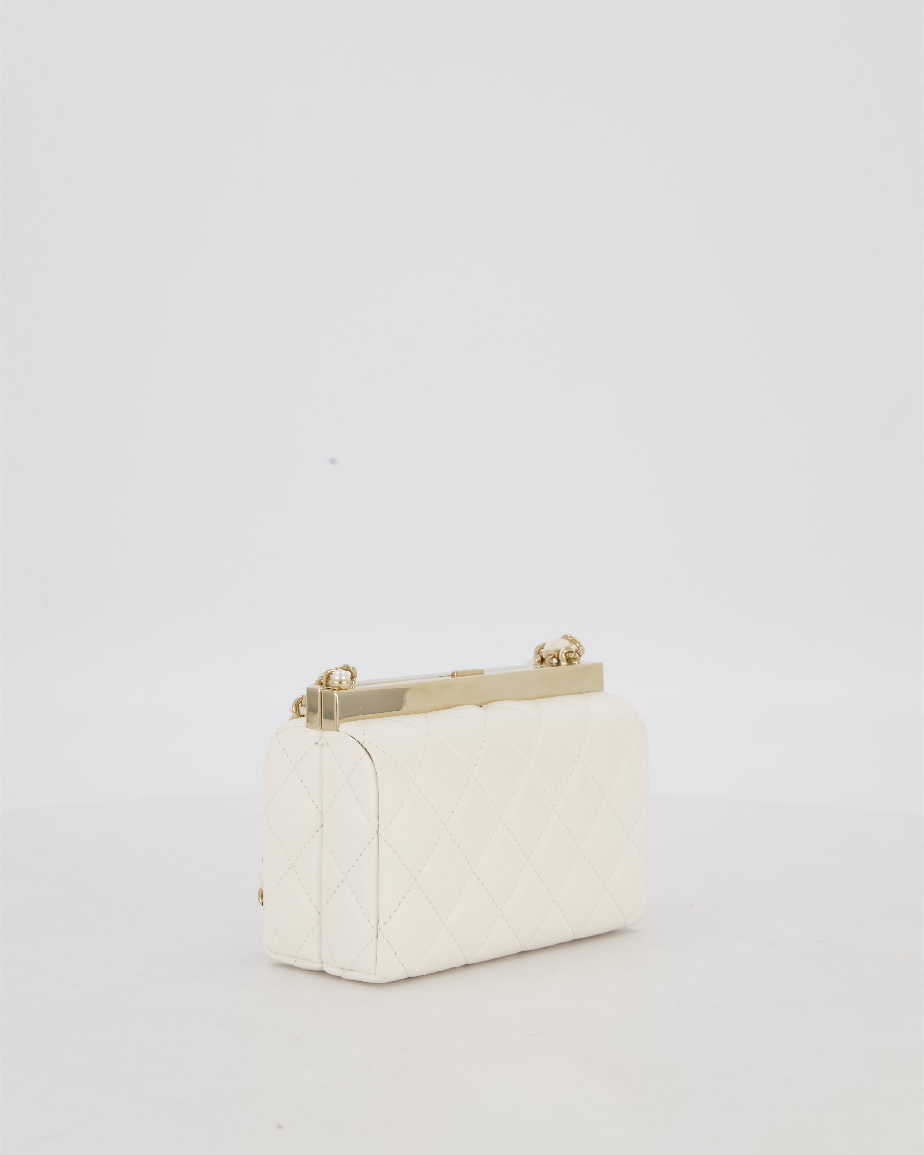 *HOT* Chanel White 2023 Métiers d'art Quilted Micro Bag in Lambskin Leather with Champagne Gold Hardware & Pearl CC Details