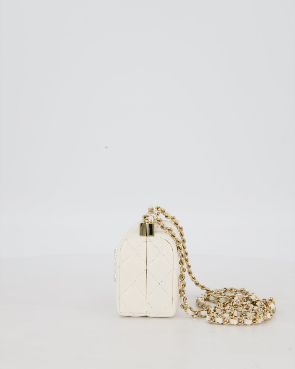 *HOT* Chanel White 2023 Métiers d'art Quilted Micro Bag in Lambskin Leather with Champagne Gold Hardware & Pearl CC Details
