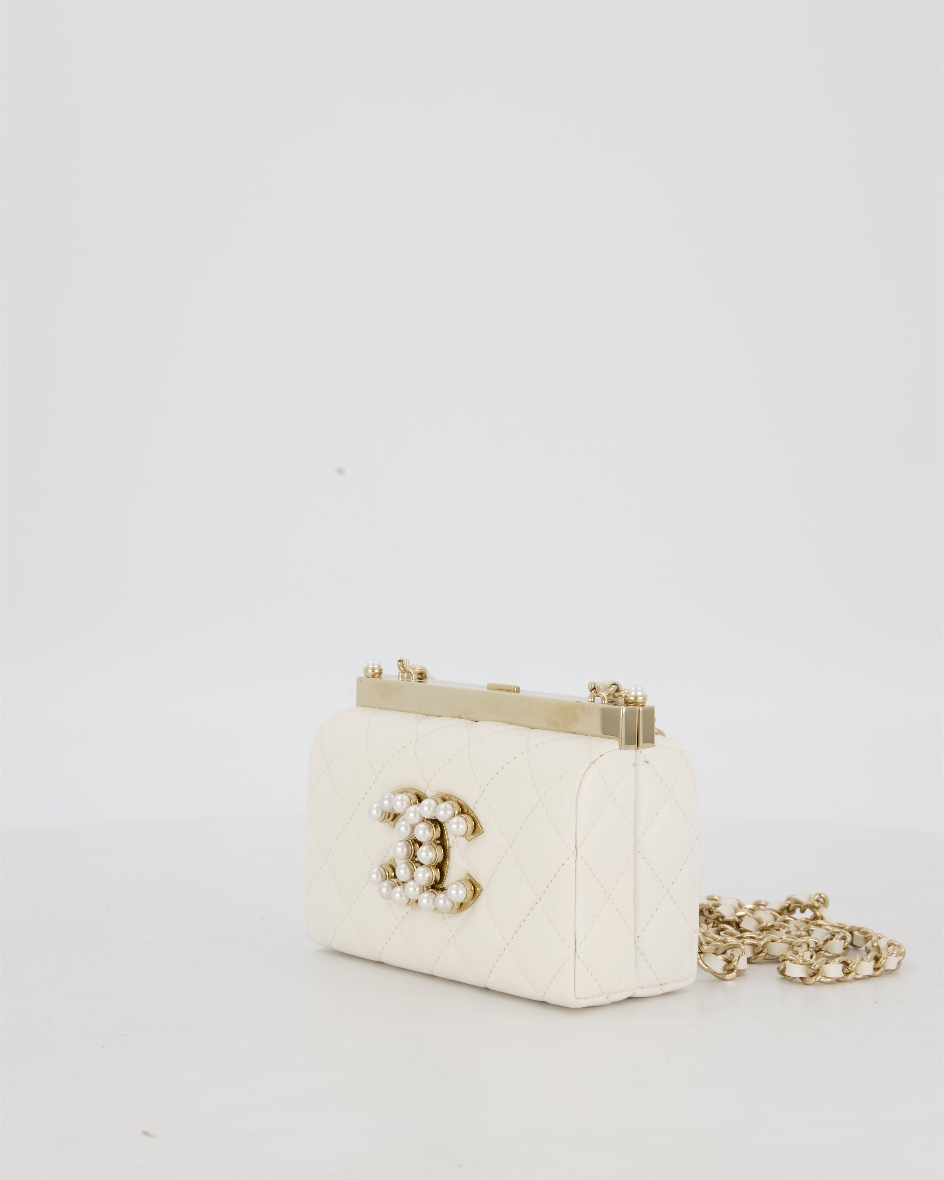 *HOT* Chanel White 2023 Métiers d'art Quilted Micro Bag in Lambskin Leather with Champagne Gold Hardware & Pearl CC Details