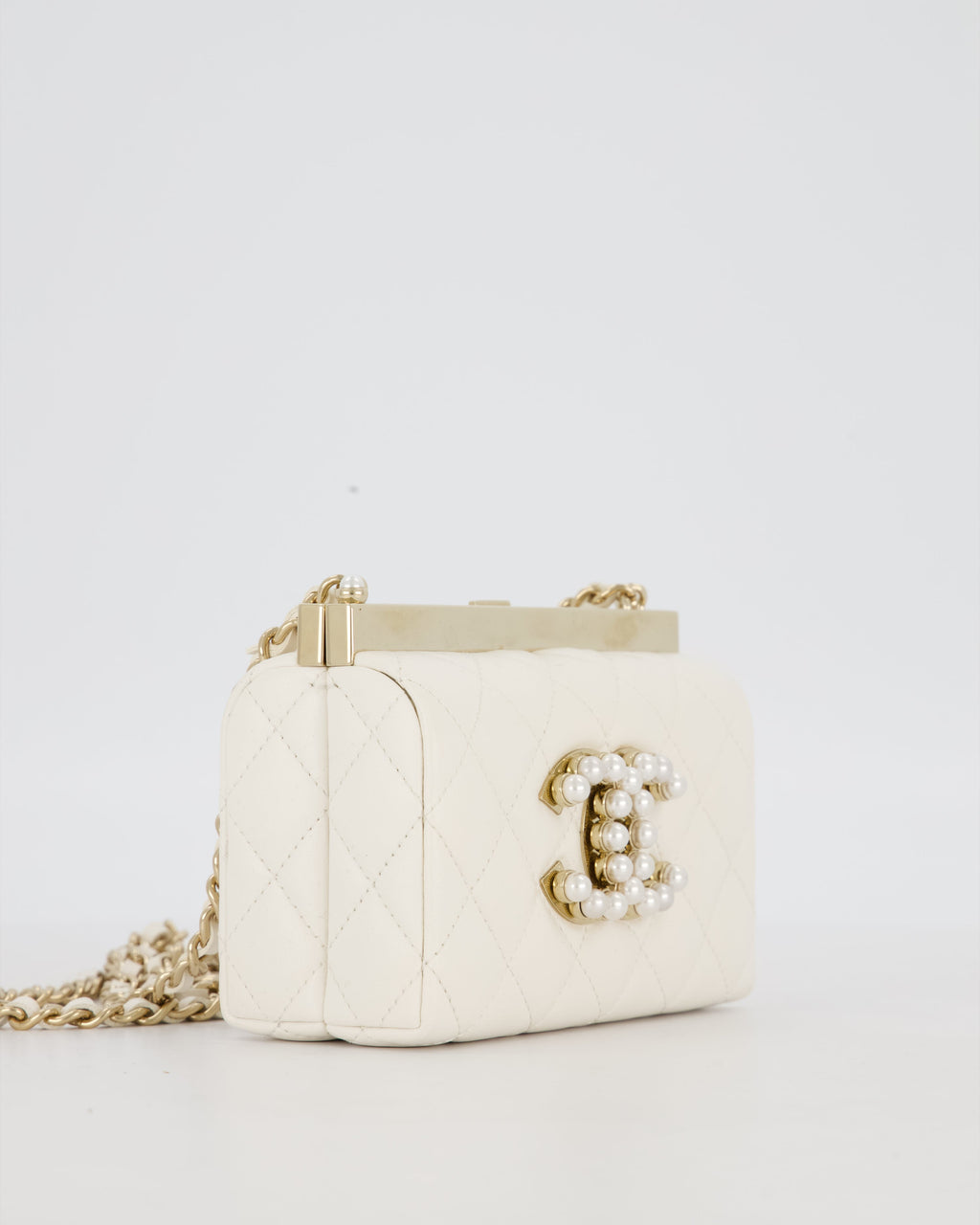 *HOT* Chanel White 2023 Métiers d'art Quilted Micro Bag in Lambskin Leather with Champagne Gold Hardware & Pearl CC Details