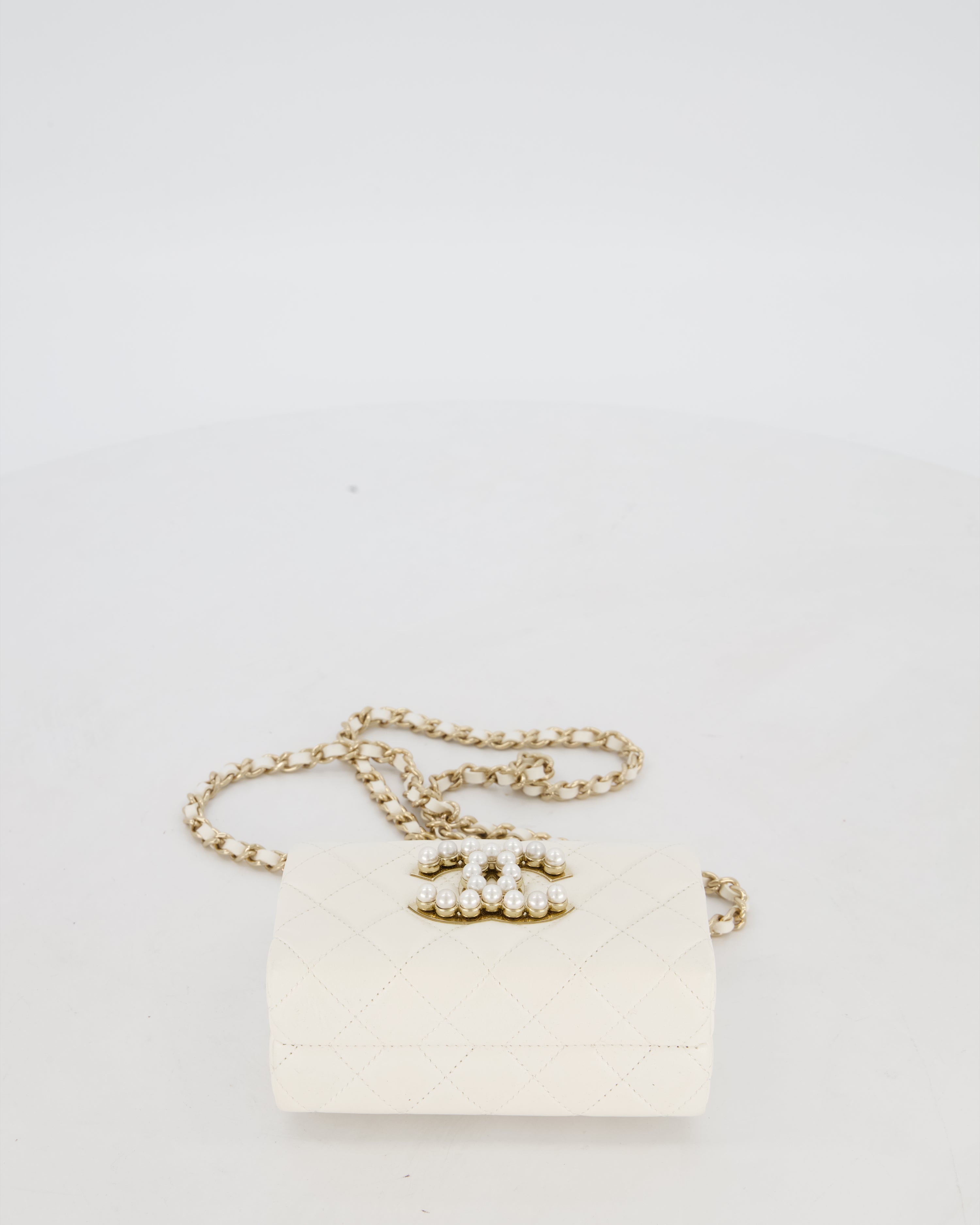 *HOT* Chanel White 2023 Métiers d'art Quilted Micro Bag in Lambskin Leather with Champagne Gold Hardware & Pearl CC Details