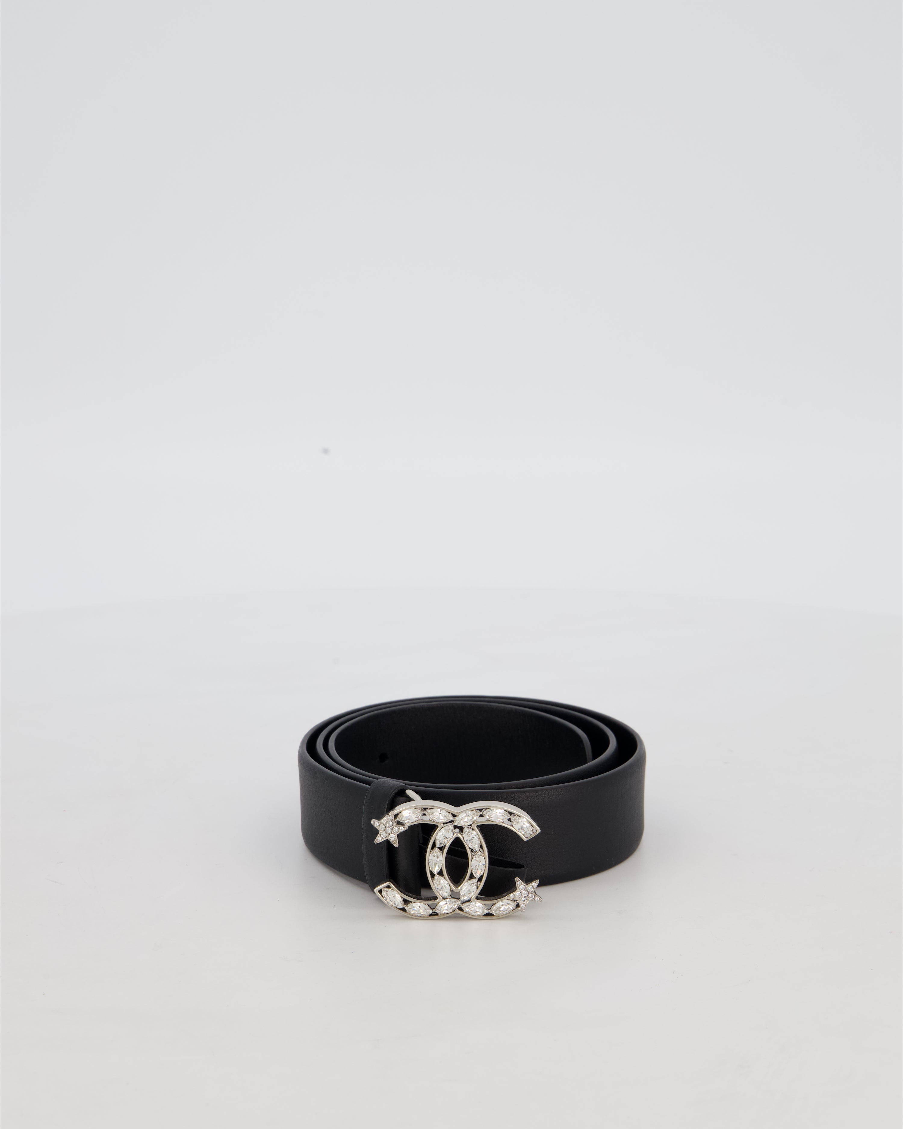 Chanel 22/B Silver Ruched Belt with Diamante CC Logo Detail Size 80cm