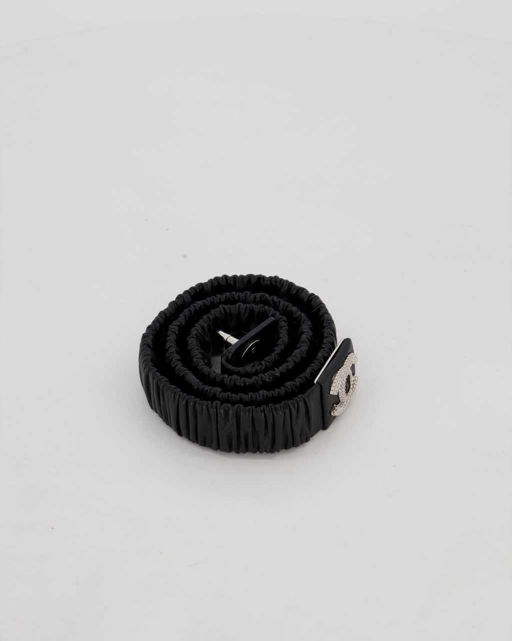 Chanel 22/B Black Ruched Belt with Diamante CC Logo Detail Size 80cm