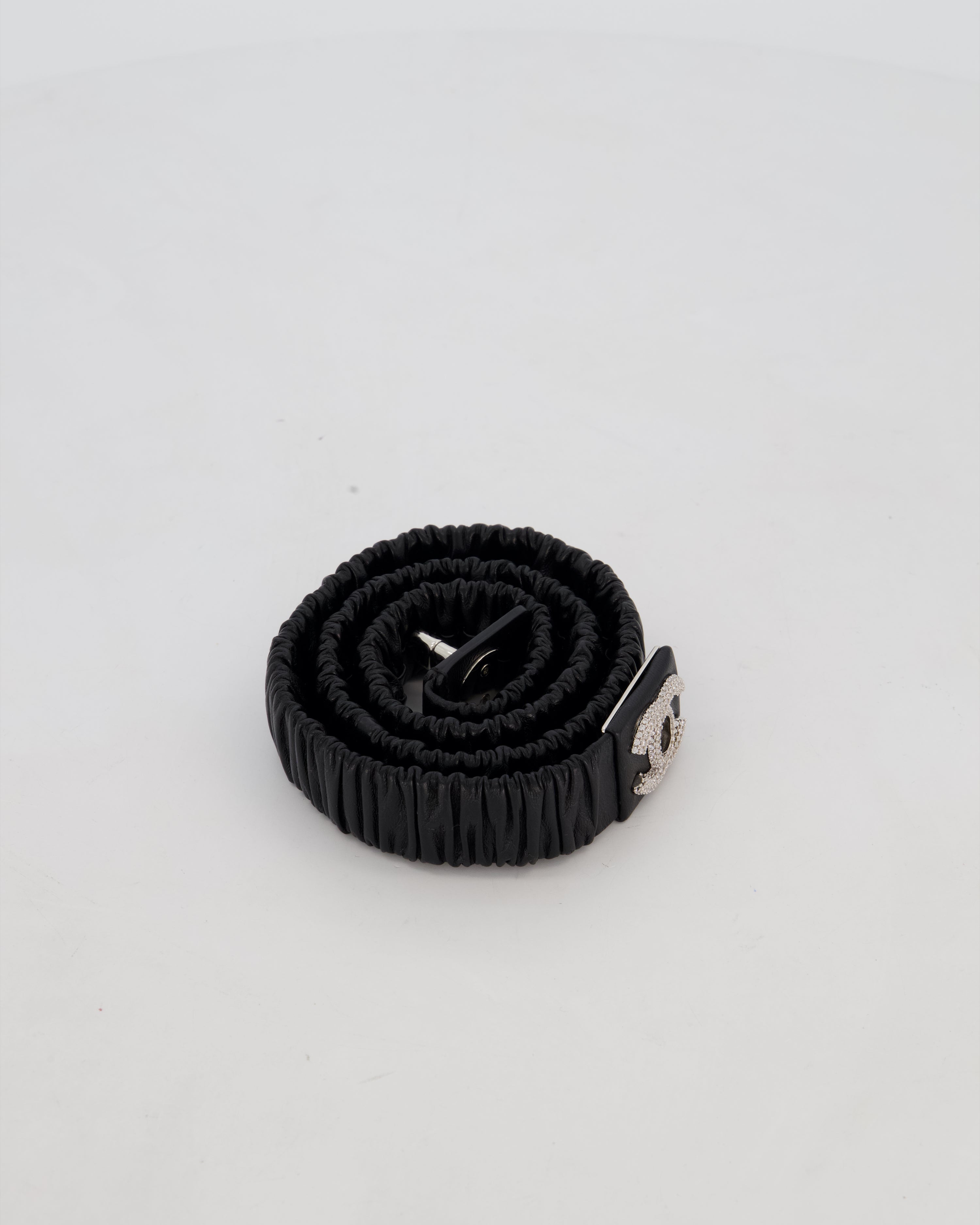 Chanel 22/B Black Ruched Belt with Diamante CC Logo Detail Size 80cm
