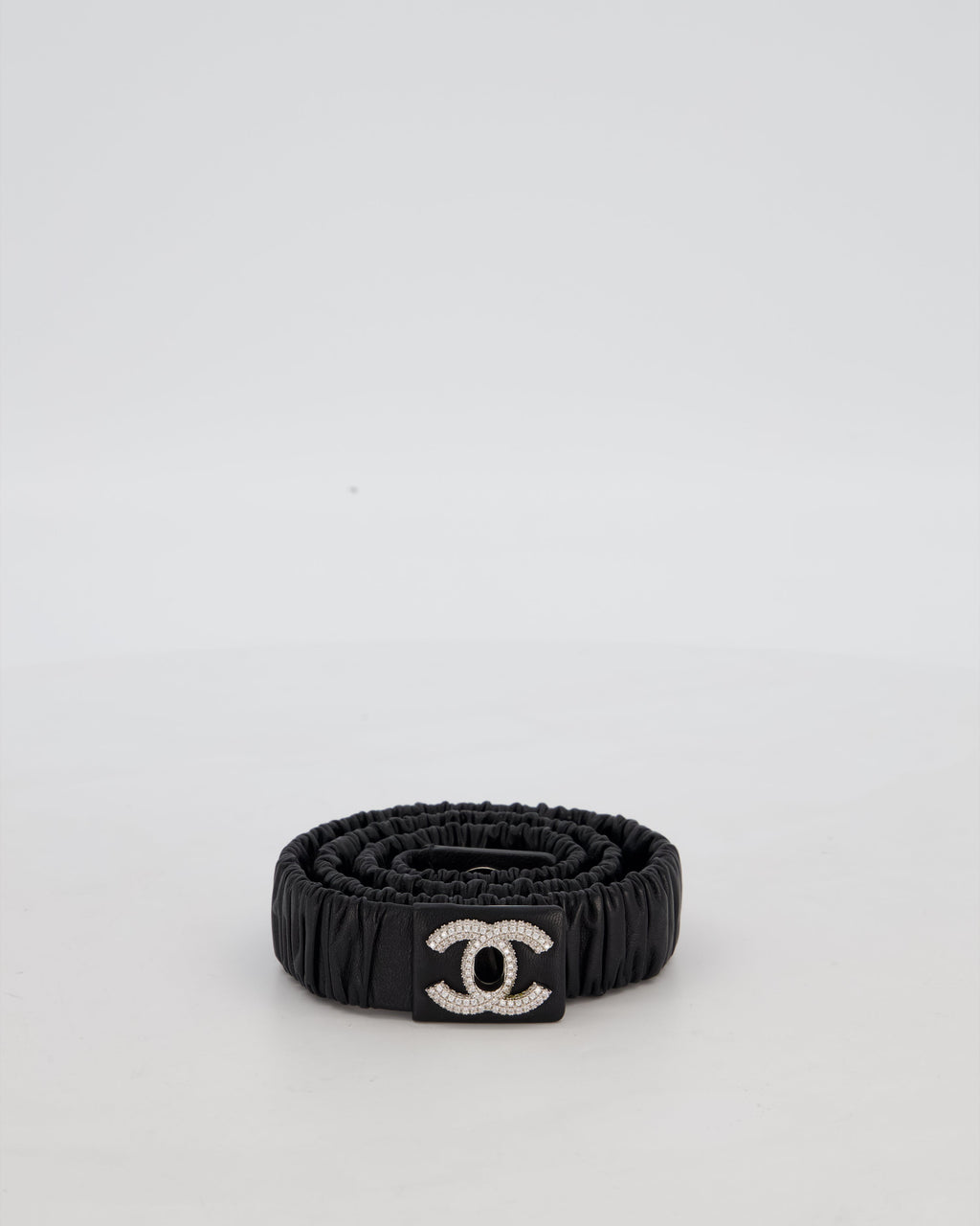 Chanel 22/B Black Ruched Belt with Diamante CC Logo Detail Size 80cm