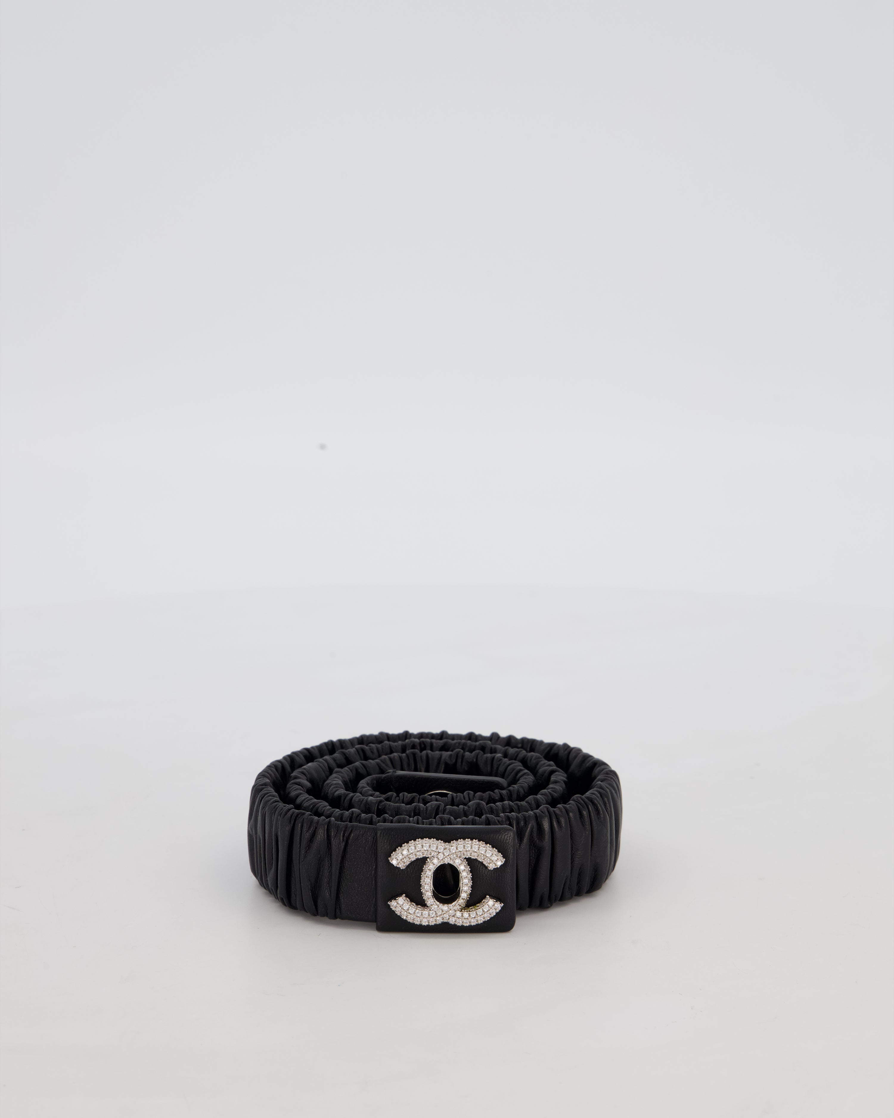Chanel 22/B Black Ruched Belt with Diamante CC Logo Detail Size 80cm