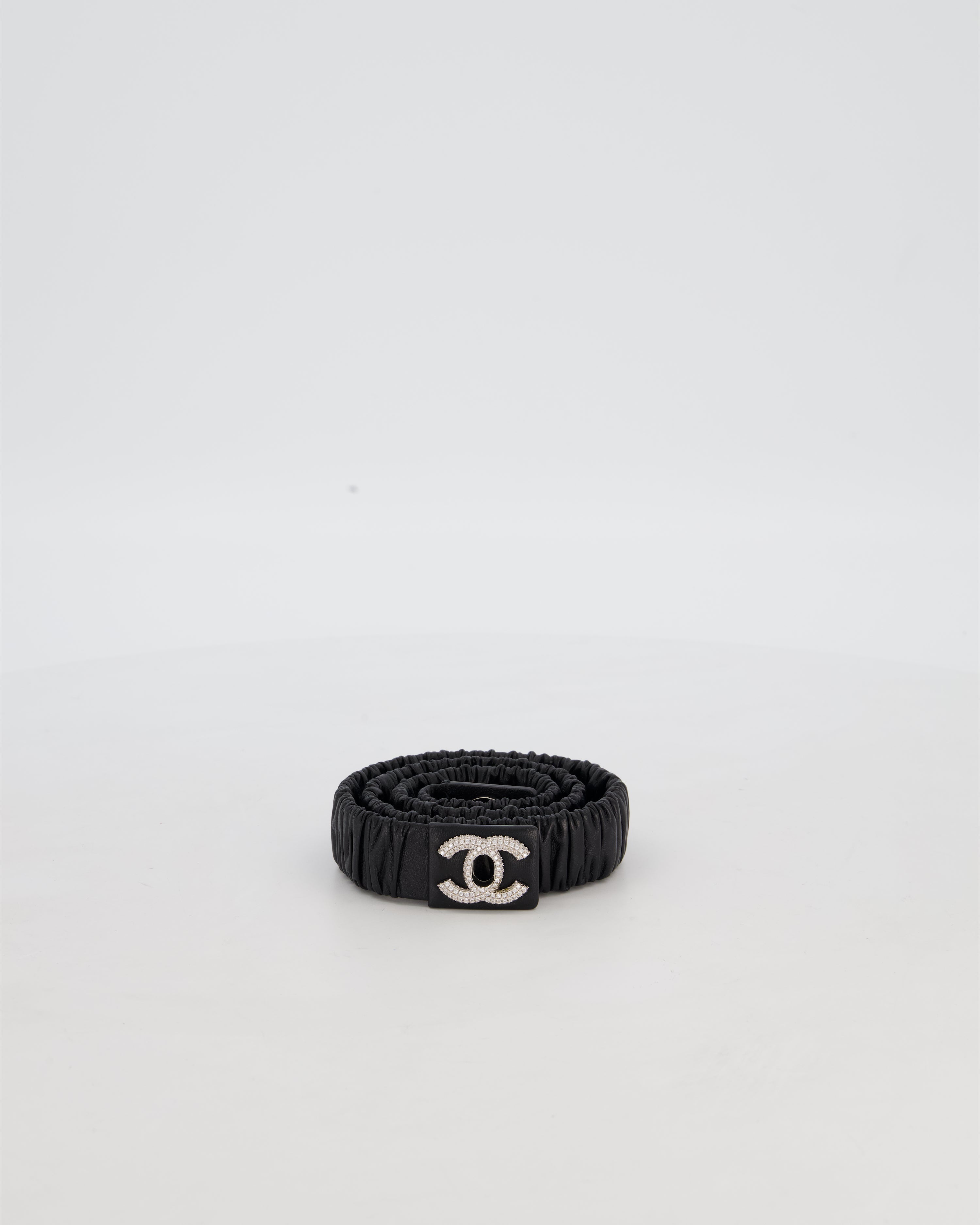 Chanel 22/B Black Ruched Belt with Diamante CC Logo Detail Size 80cm