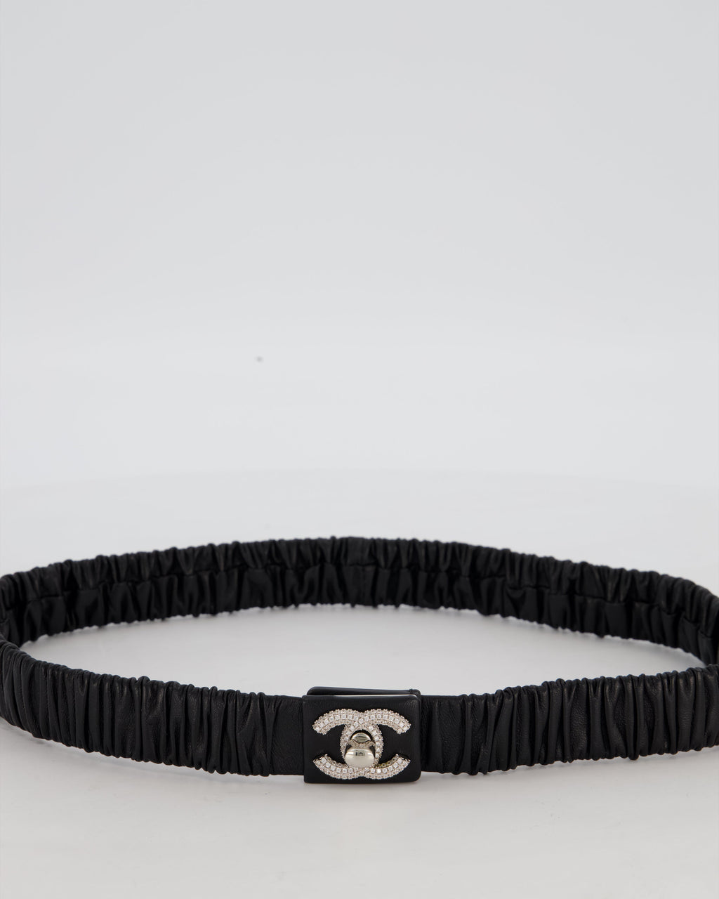 Chanel 22/B Black Ruched Belt with Diamante CC Logo Detail Size 80cm