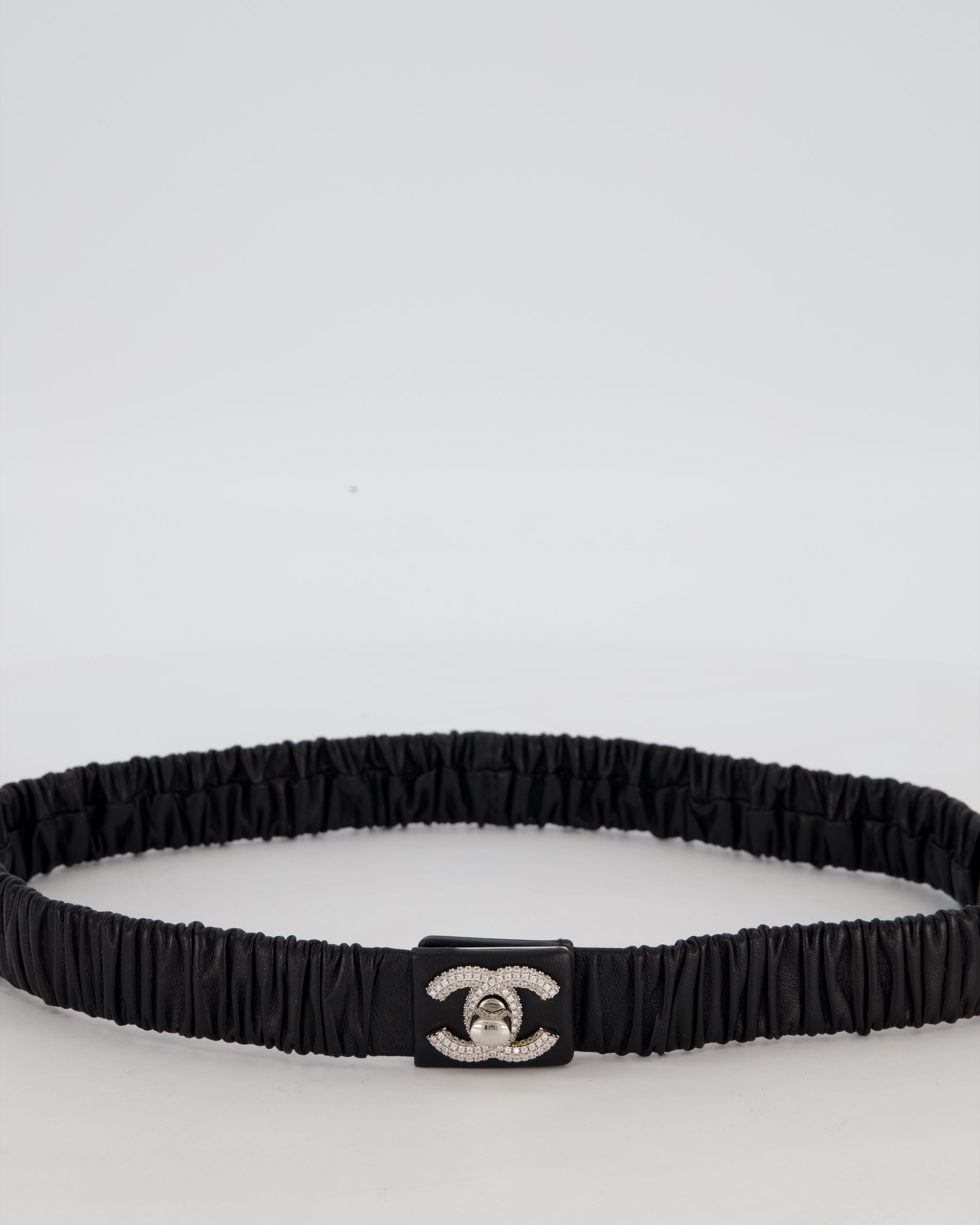Chanel 22/B Black Ruched Belt with Diamante CC Logo Detail Size 80cm
