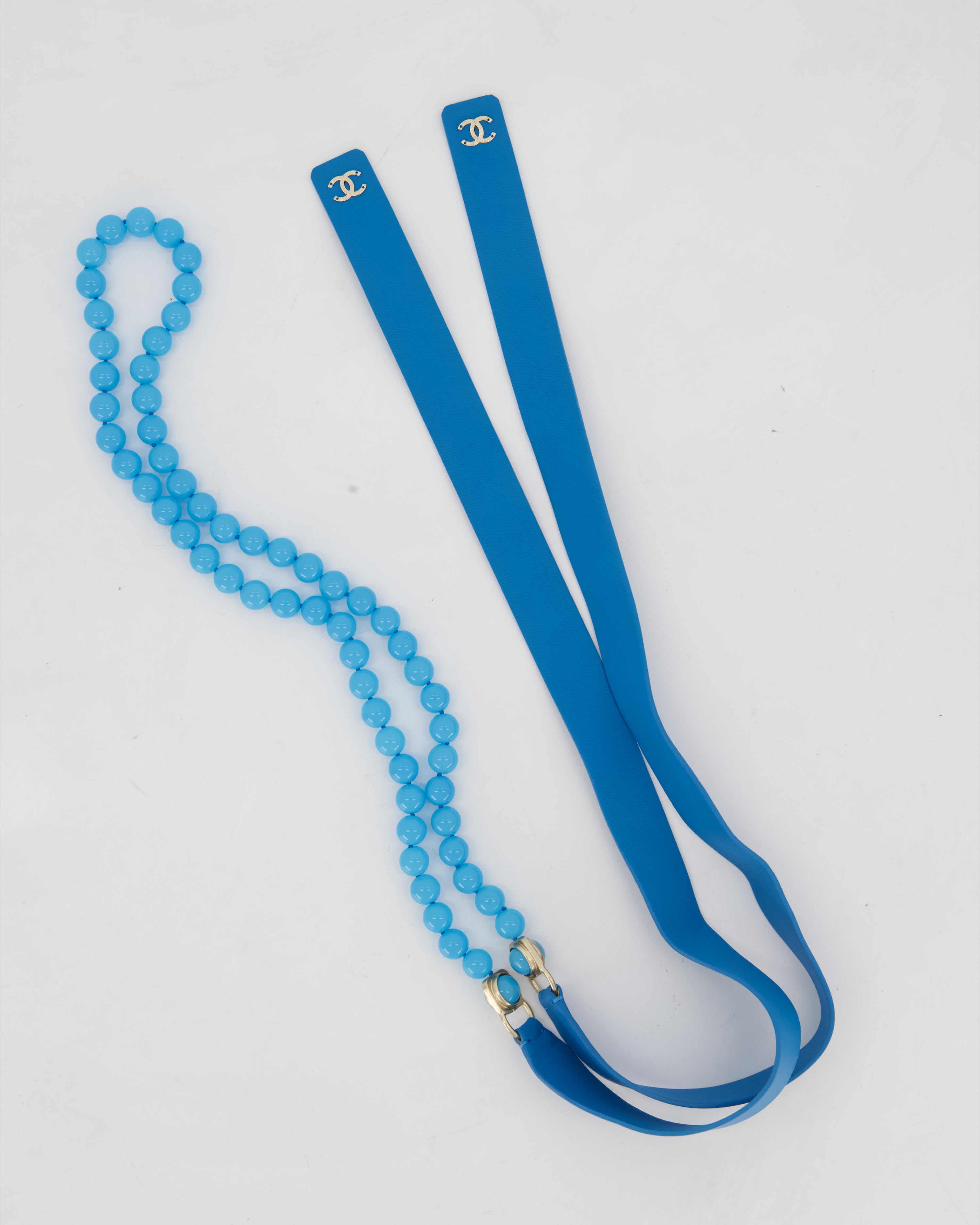 Chanel Blue Beaded CC Belt with Leather Logo Detail Size 80cm