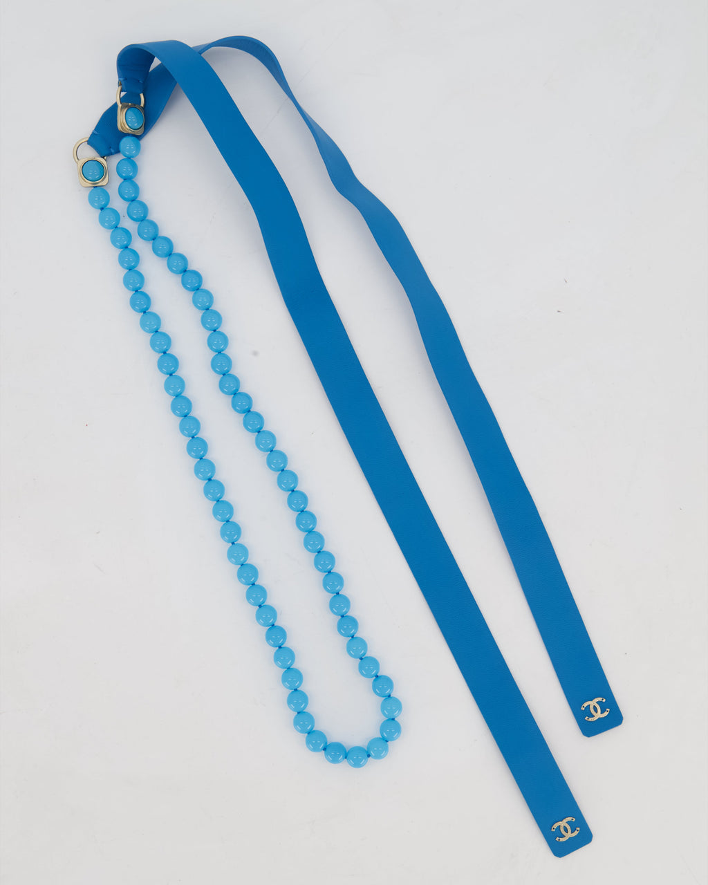 Chanel Blue Beaded CC Belt with Leather Logo Detail Size 80cm