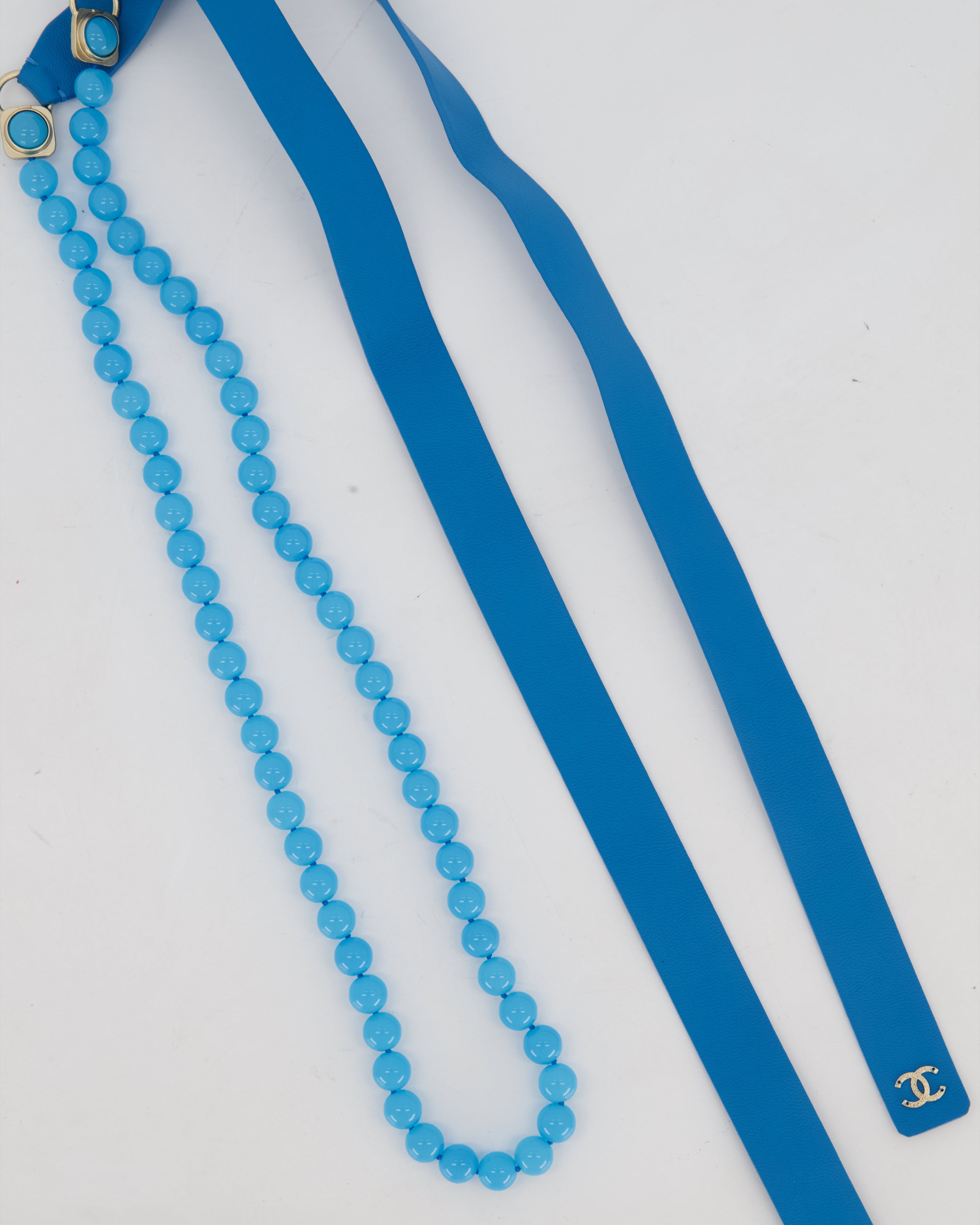 Chanel Blue Beaded CC Belt with Leather Logo Detail Size 80cm