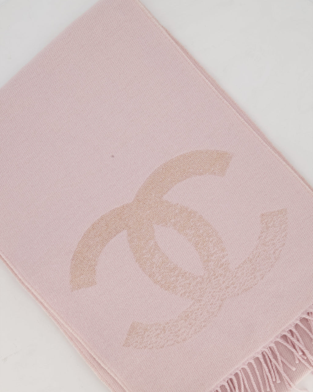 Chanel Baby Pink Fringe Scarf with Glitter CC Logo
