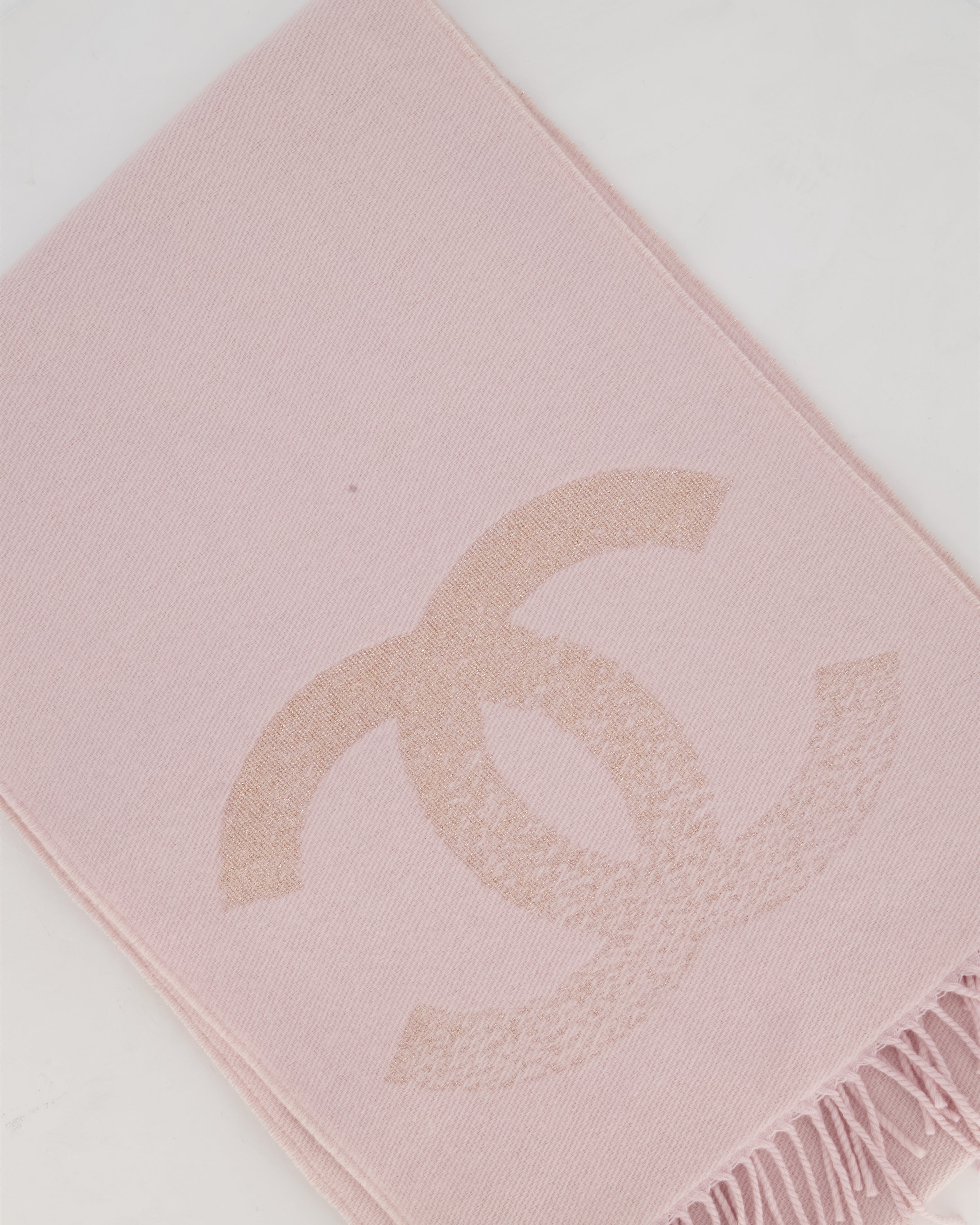 Chanel Baby Pink Fringe Scarf with Glitter CC Logo