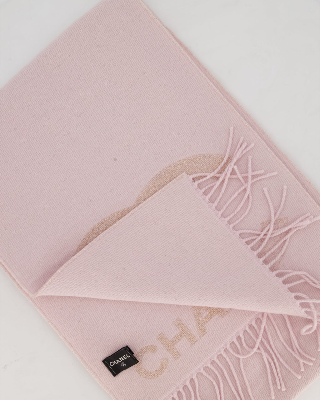 Chanel Baby Pink Fringe Scarf with Glitter CC Logo