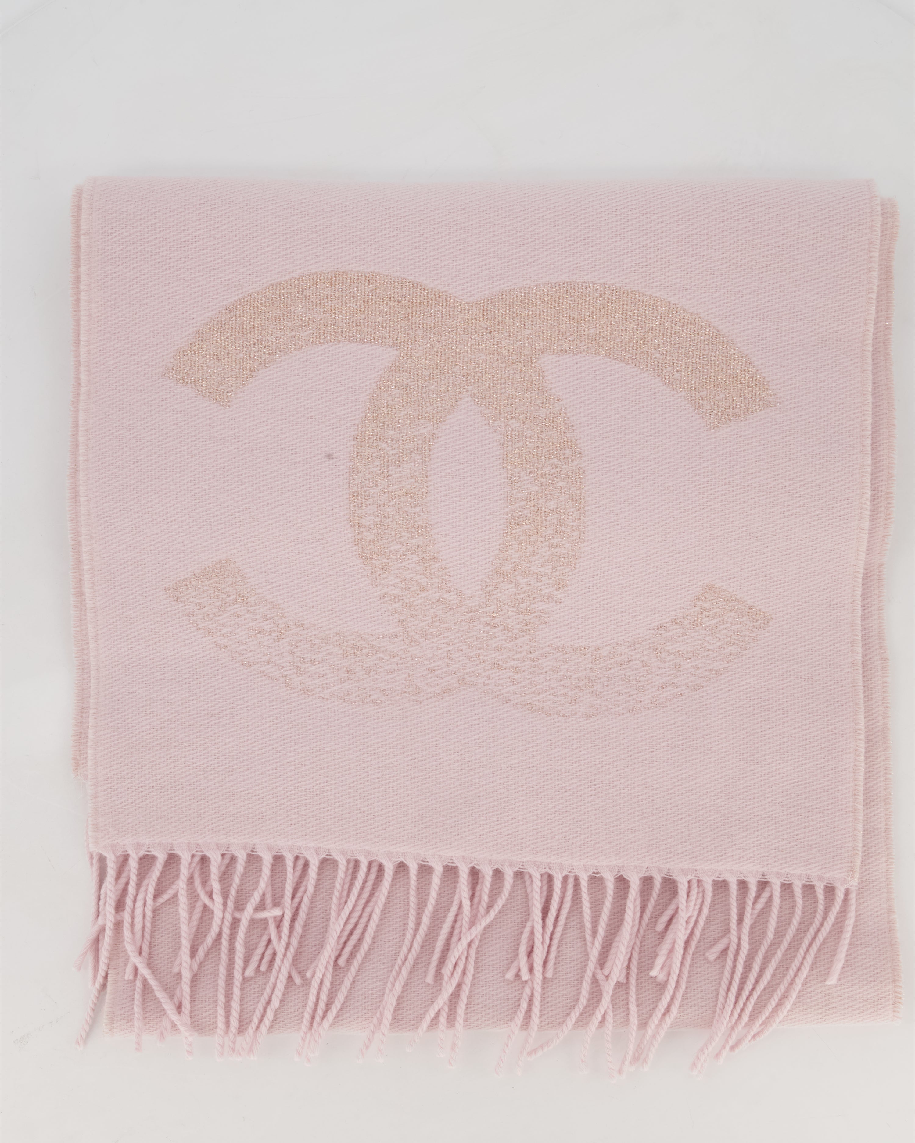 Chanel Baby Pink Fringe Scarf with Glitter CC Logo