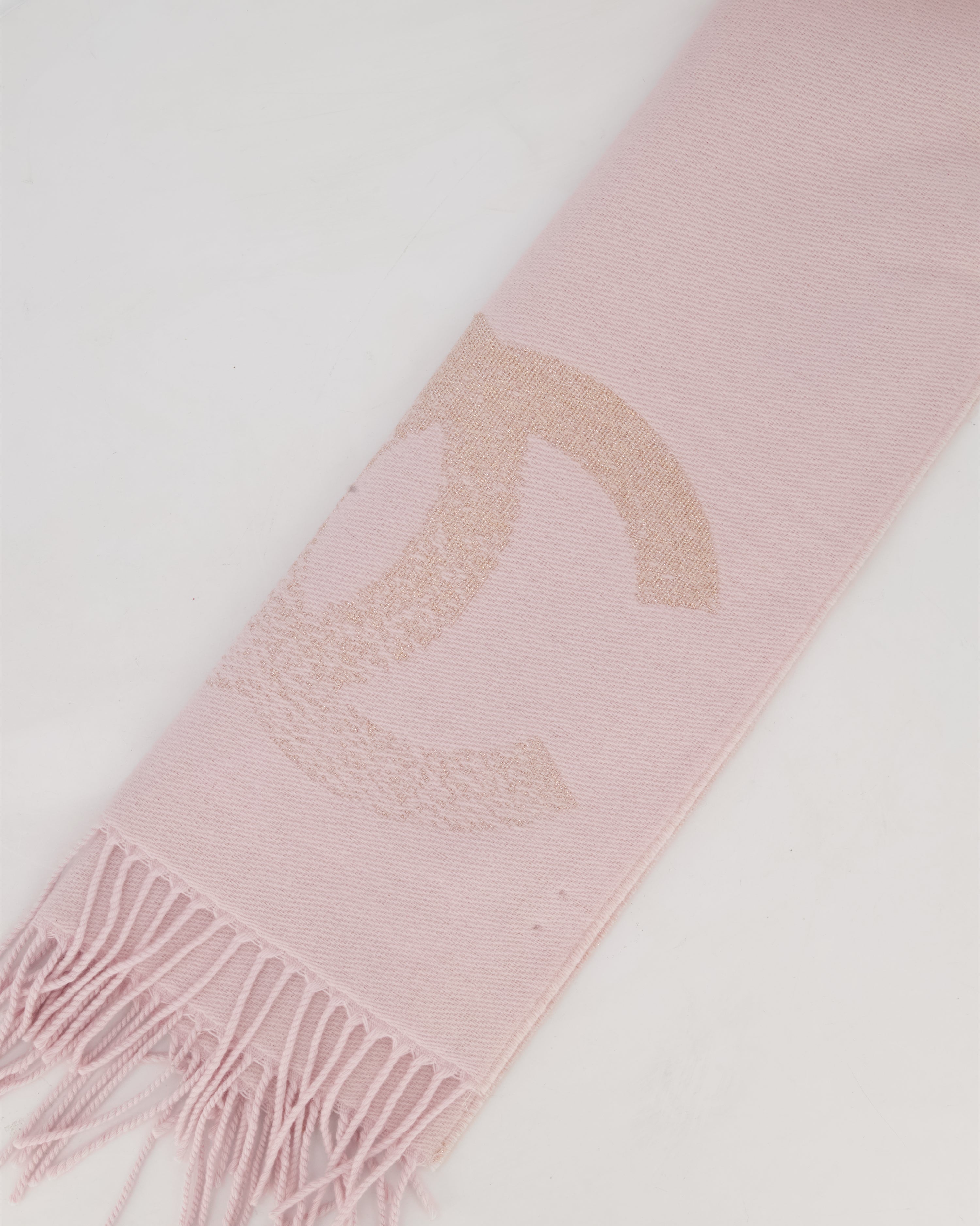 Chanel Baby Pink Fringe Scarf with Glitter CC Logo
