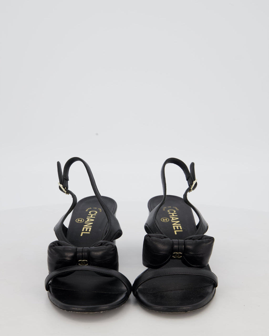 Chanel 25P Black Leather Bow Heeled Sandals Size EU 38