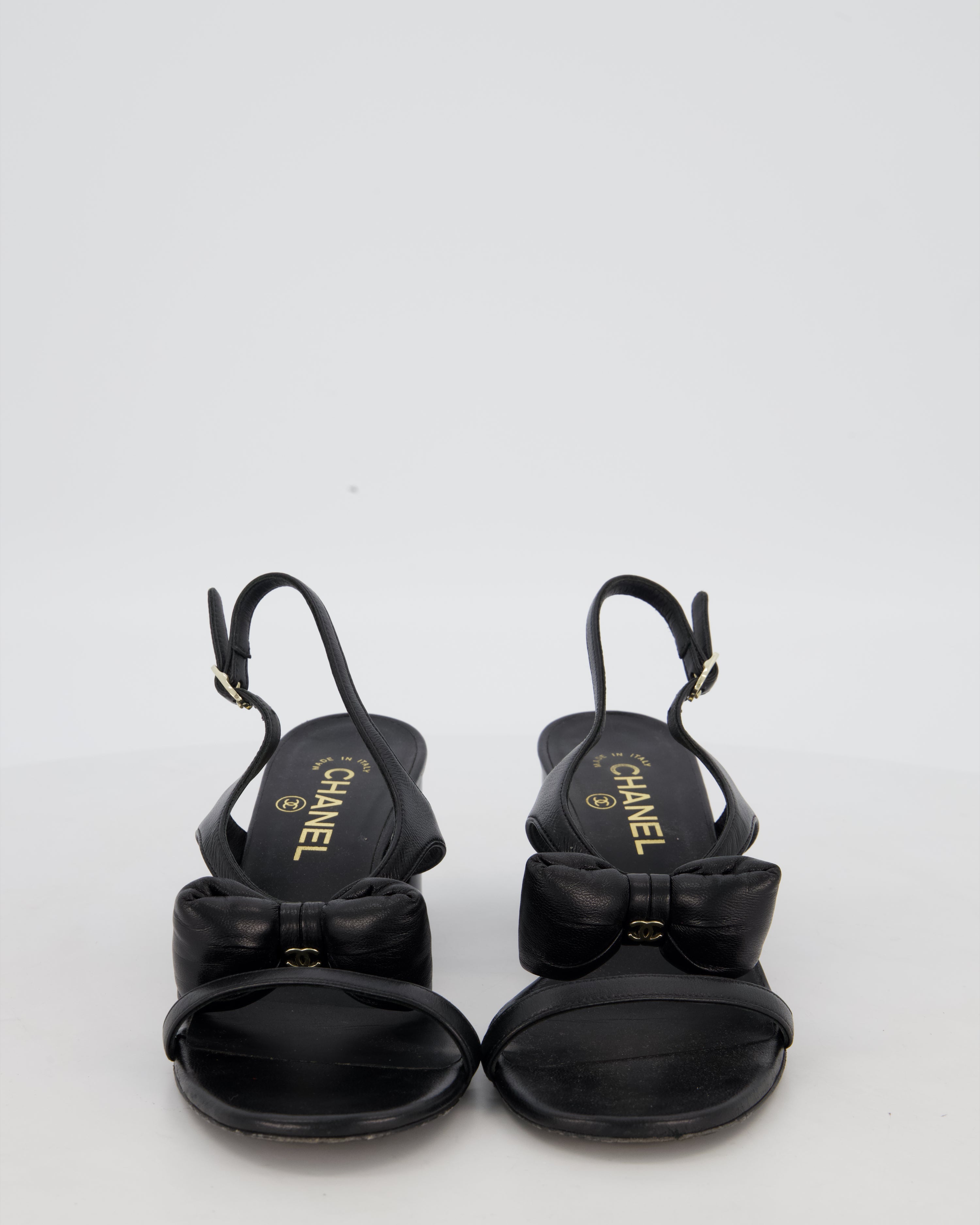 Chanel 25P Black Leather Bow Heeled Sandals Size EU 38