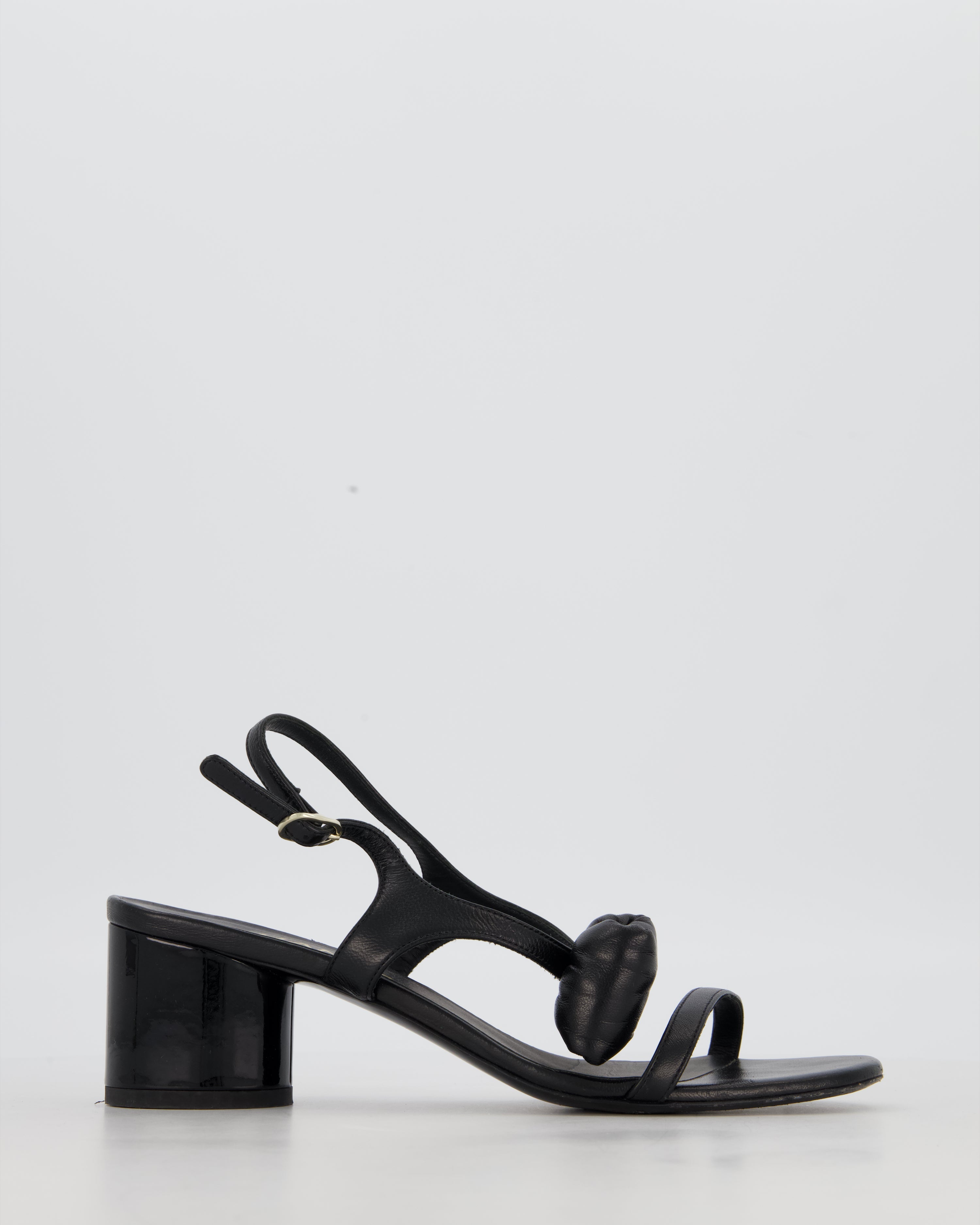 Chanel 25P Black Leather Bow Heeled Sandals Size EU 38