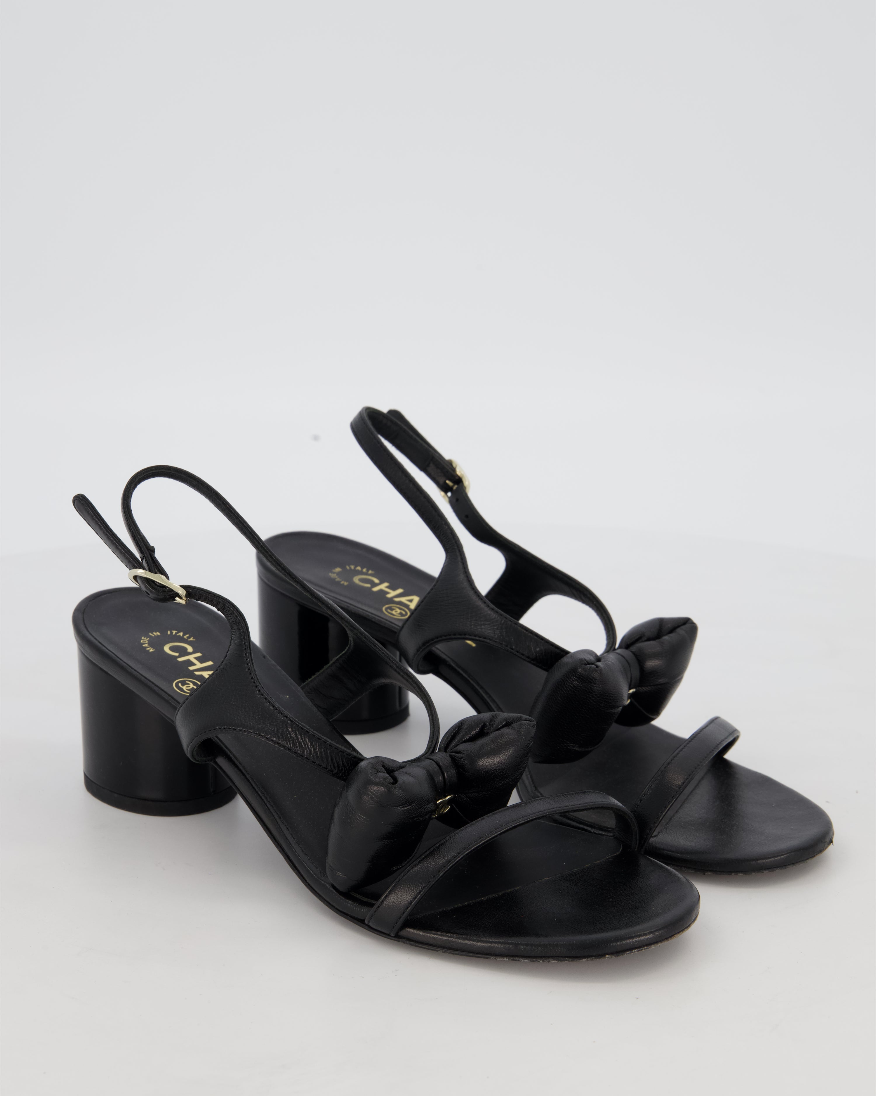 Chanel 25P Black Leather Bow Heeled Sandals Size EU 38